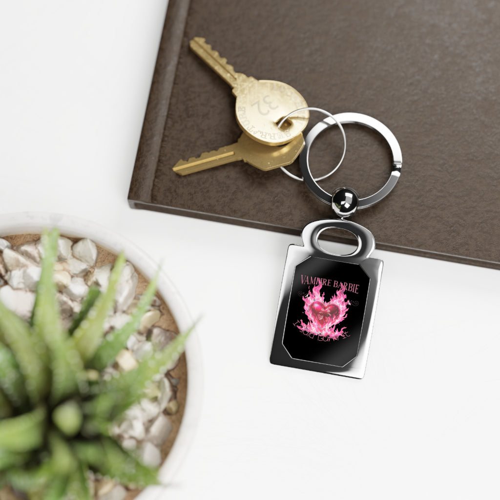 Rectangle Photo Keyring - "Vampire Barbie" Pink Flame Heart Metal Keychain