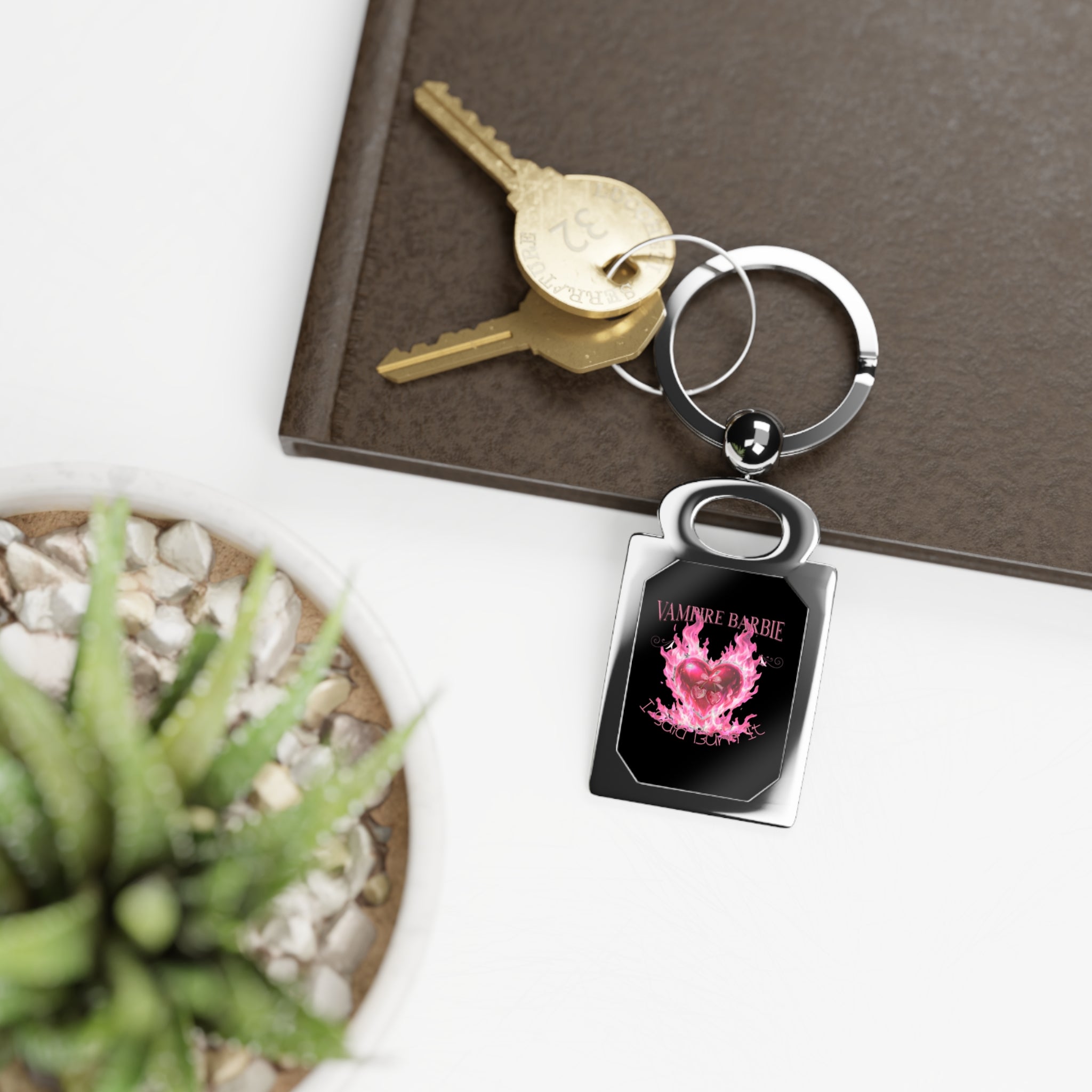 Rectangle Photo Keyring - "Vampire Barbie" Pink Flame Heart Metal Keychain