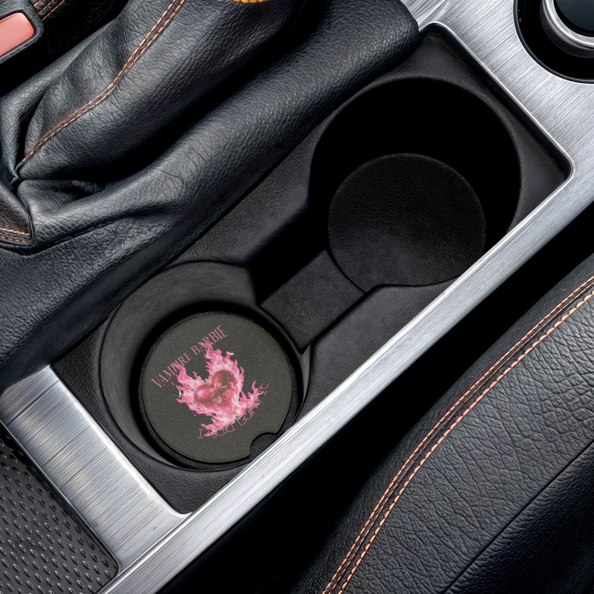 Soapstone Car Coaster - 'Vampire Barbie' Pink Flaming Heart Design