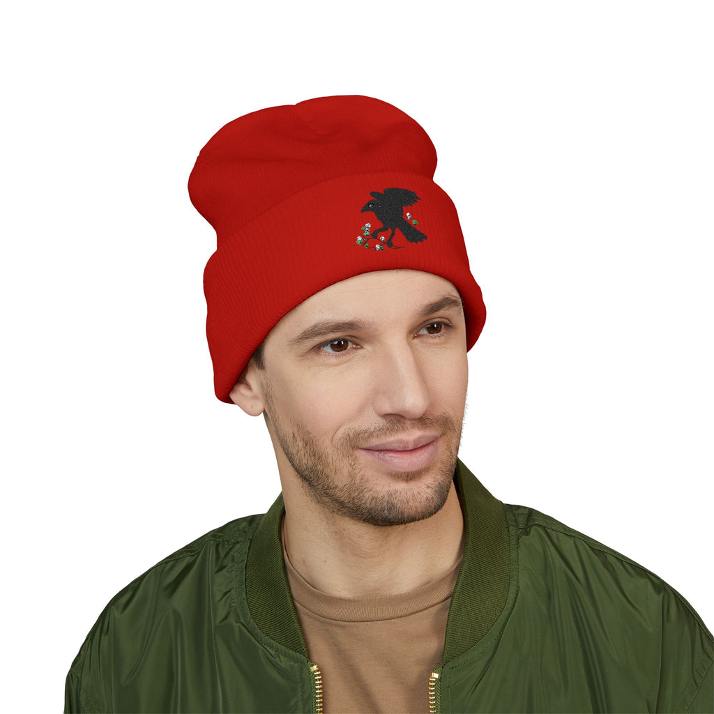Embroidered Crow & Wildflower Beanie — Classic Cuffed Knit Hat