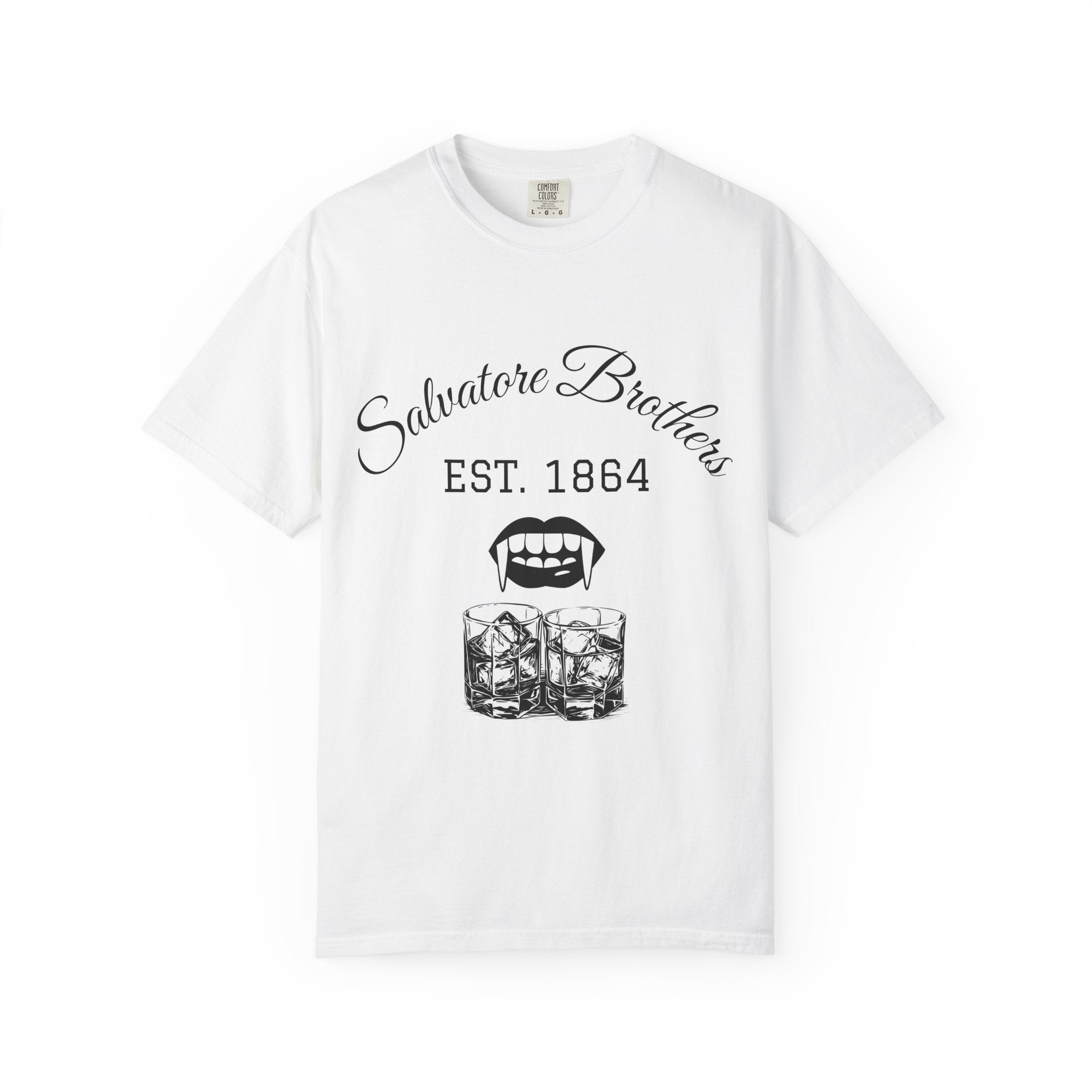 T-Shirt — "Salvatore Brothers EST. 1864" Vampire Fangs & Whiskey Graphic