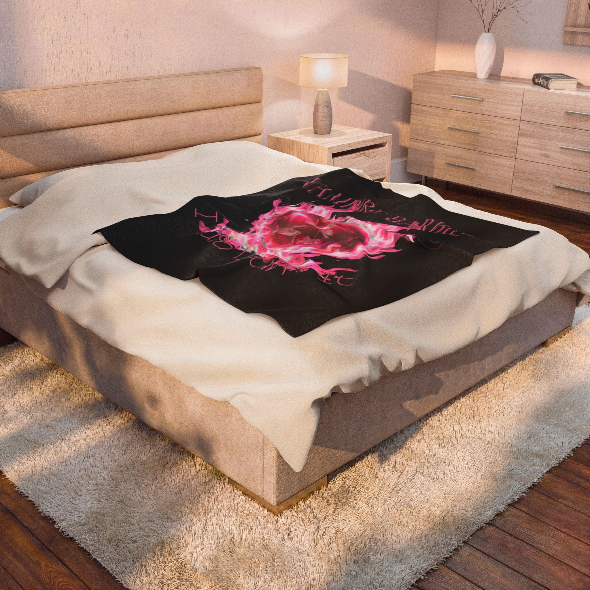 Vampire Barbie Velveteen Plush Blanket — Pink Flaming Heart Gothic Throw