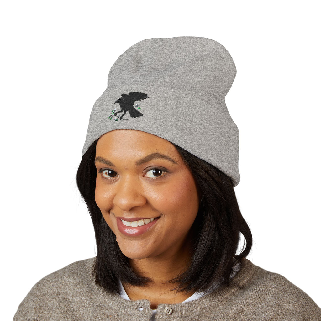Embroidered Crow & Wildflower Beanie — Classic Cuffed Knit Hat