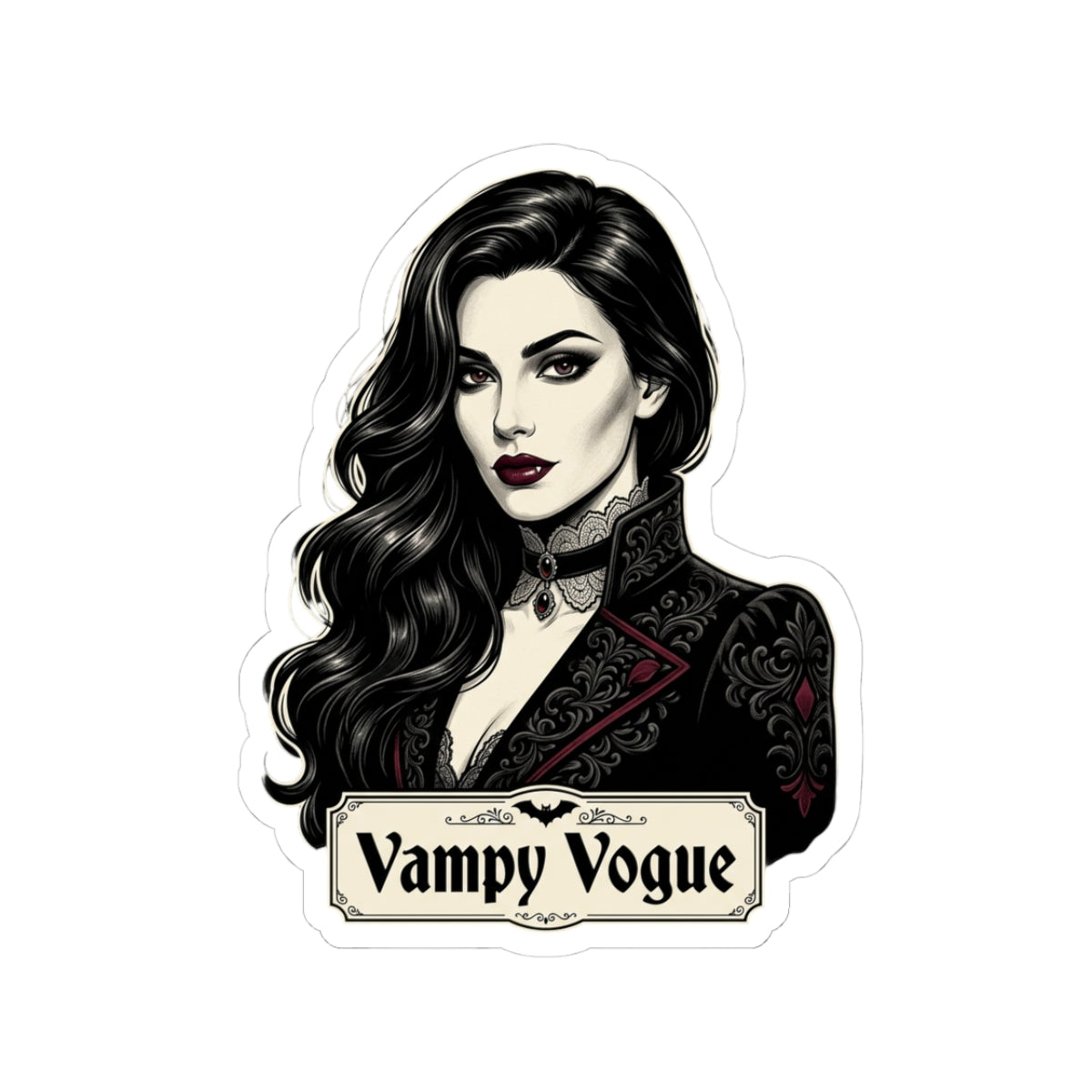 Vampy Vogue Kiss-Cut Sticker — Gothic Vampire Portrait Sticker for Laptops, Journals & Gifts