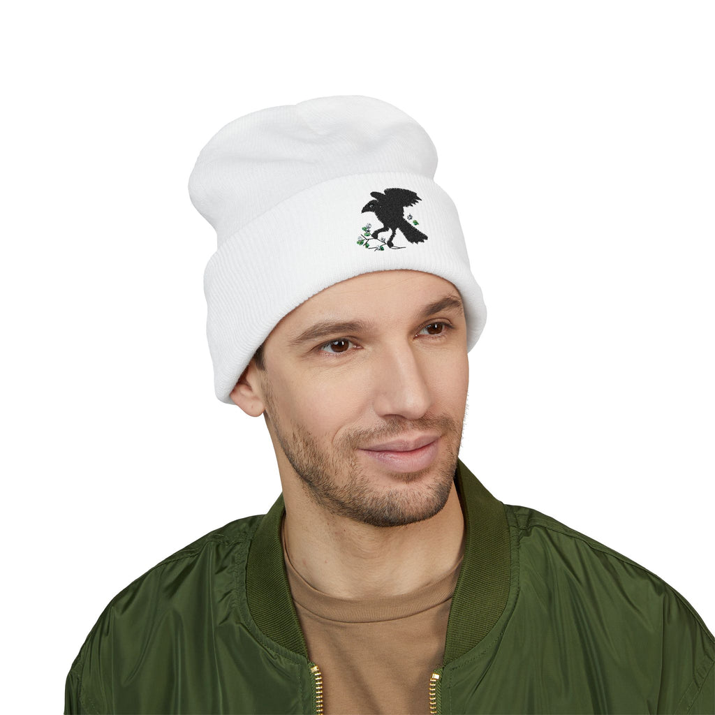 Embroidered Crow & Wildflower Beanie — Classic Cuffed Knit Hat