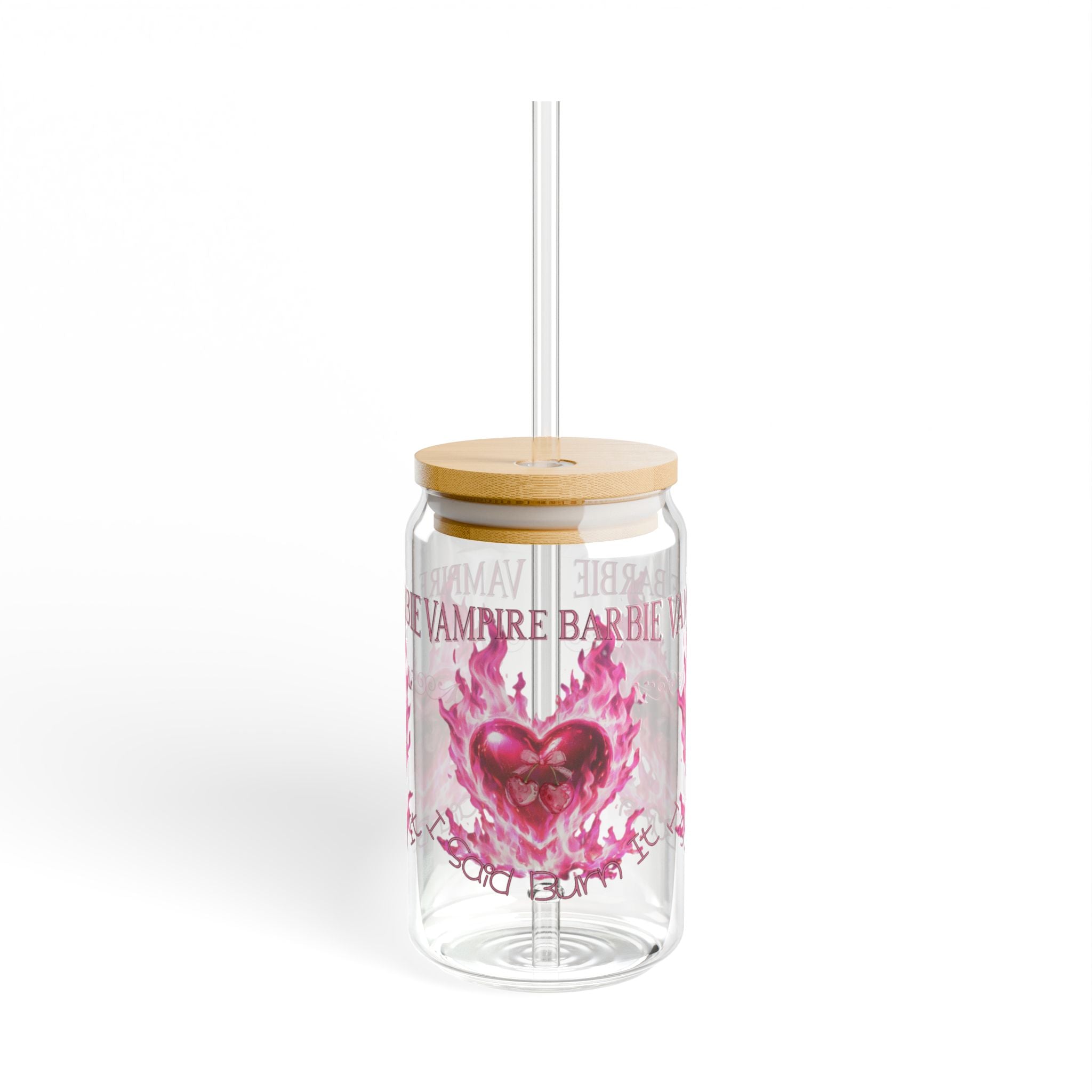 Vampire Barbie — Caroline Forbes — TVD — 16oz Glass Sipper with Pink Flaming Heart Design — Reusable Straw Tumbler for Gifts & Valentine's