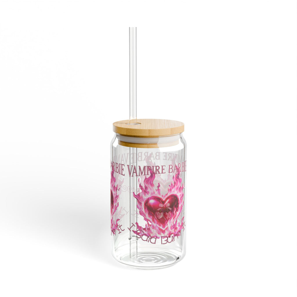 Vampire Barbie — Caroline Forbes — TVD — 16oz Glass Sipper with Pink Flaming Heart Design — Reusable Straw Tumbler for Gifts & Valentine's