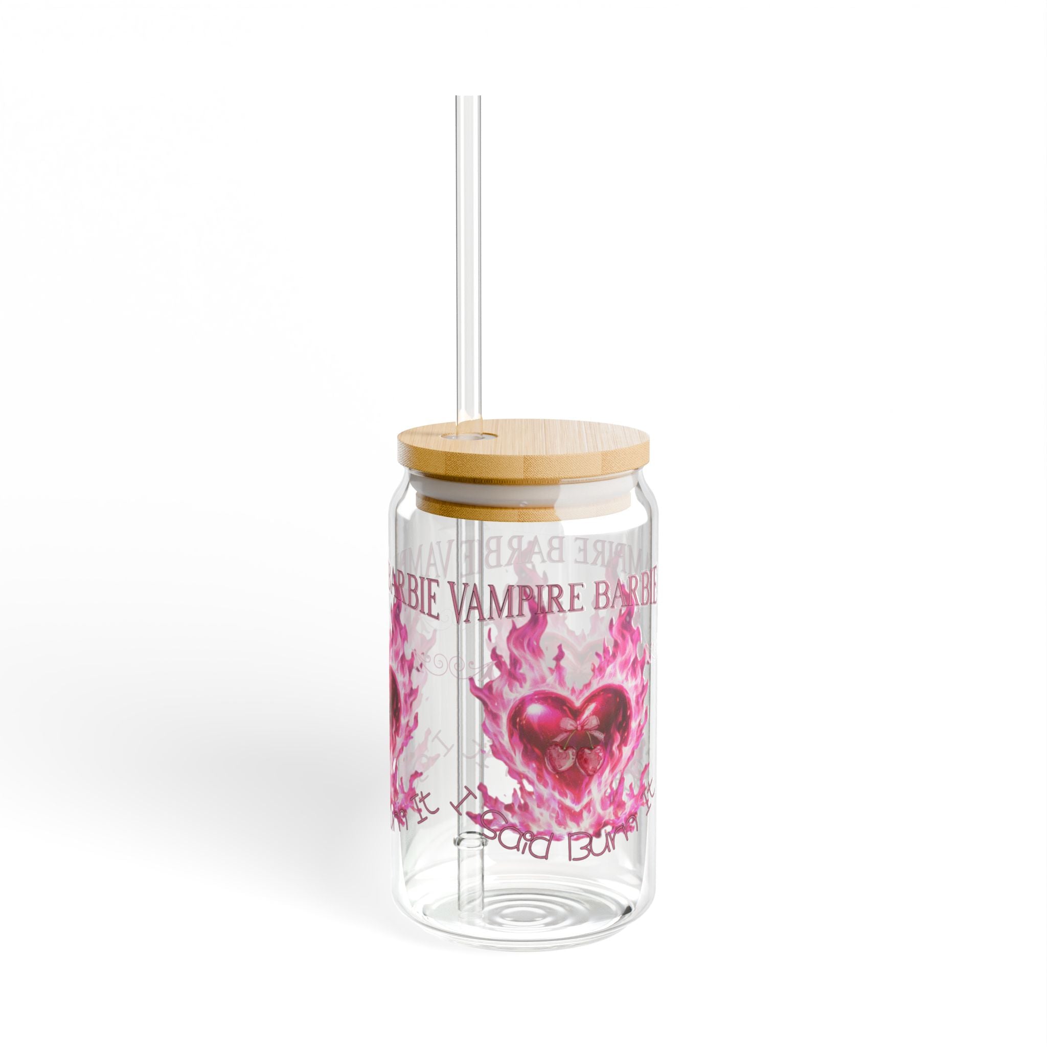 Vampire Barbie — Caroline Forbes — TVD — 16oz Glass Sipper with Pink Flaming Heart Design — Reusable Straw Tumbler for Gifts & Valentine's