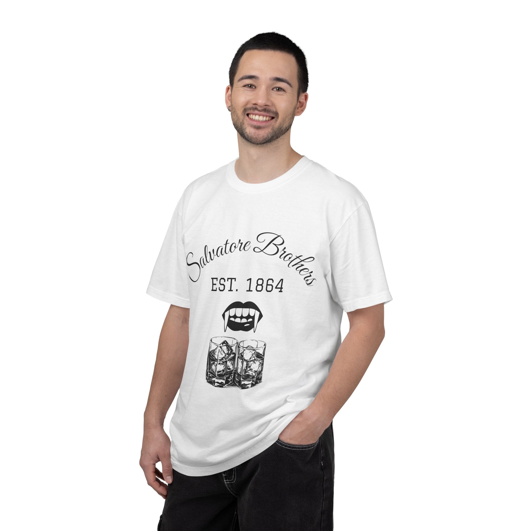 T-Shirt — "Salvatore Brothers EST. 1864" Vampire Fangs & Whiskey Graphic