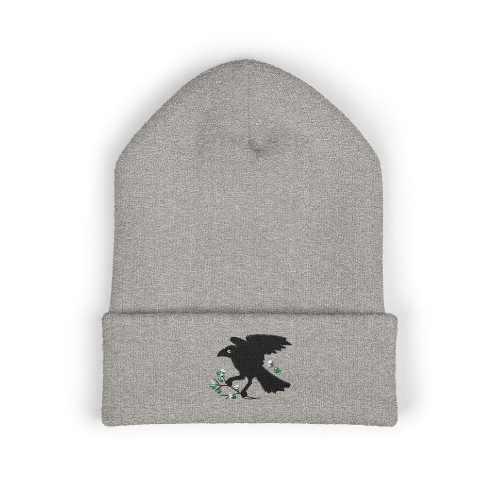 Embroidered Crow & Wildflower Beanie — Classic Cuffed Knit Hat