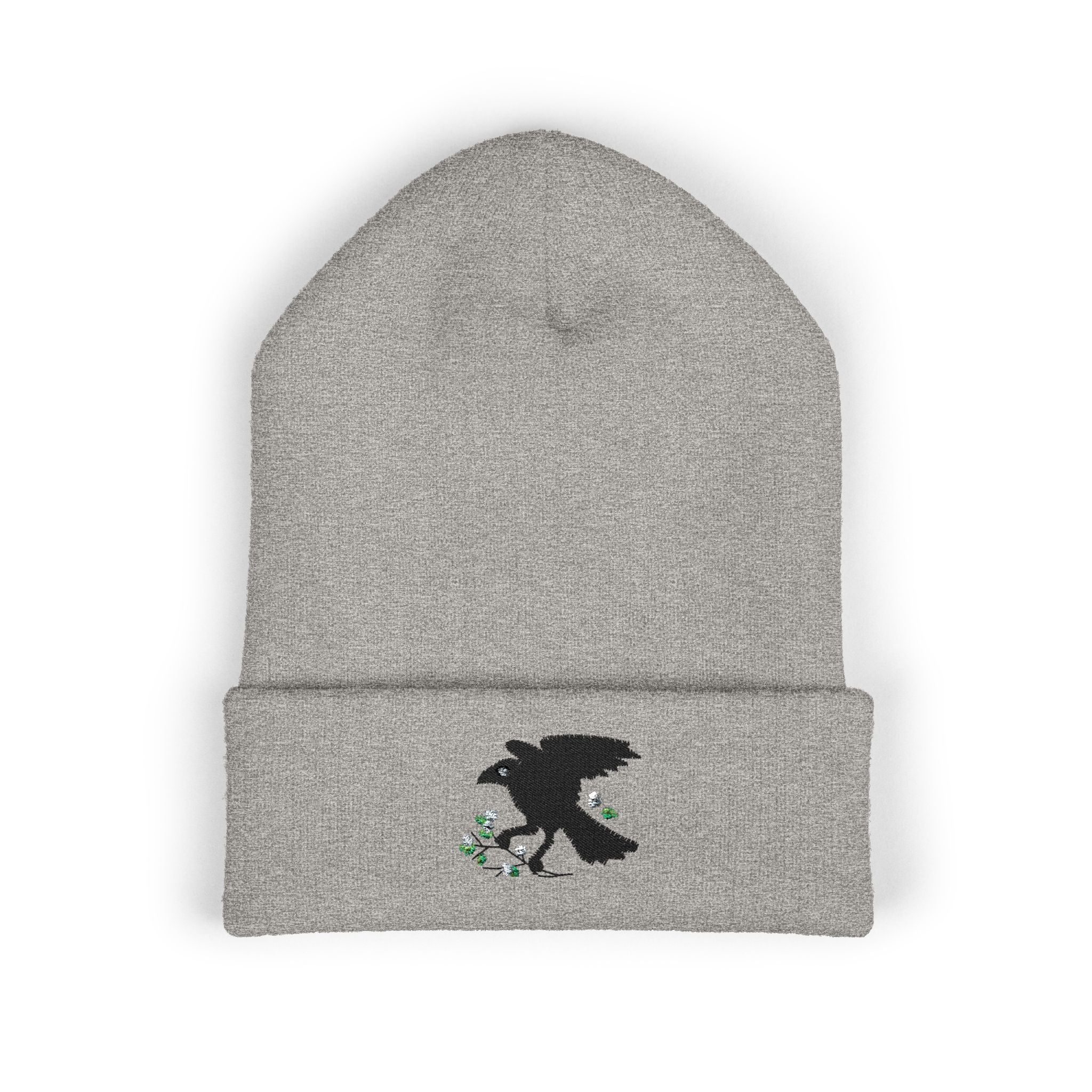Embroidered Crow & Wildflower Beanie — Classic Cuffed Knit Hat