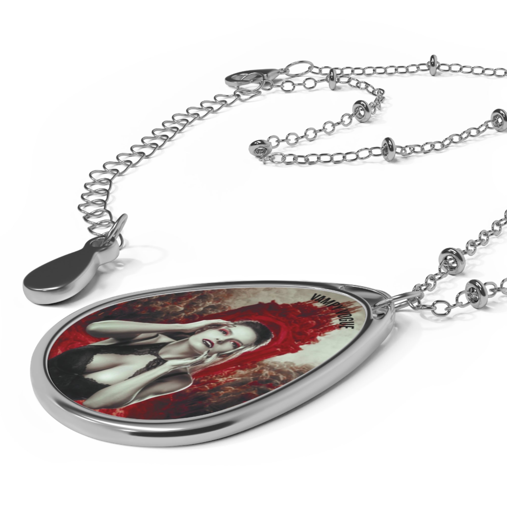 Makala’s Vampire Portrait — Vampy Vogue — Gothic Oval Pendant Necklace — Red Crowned Femme Portrait