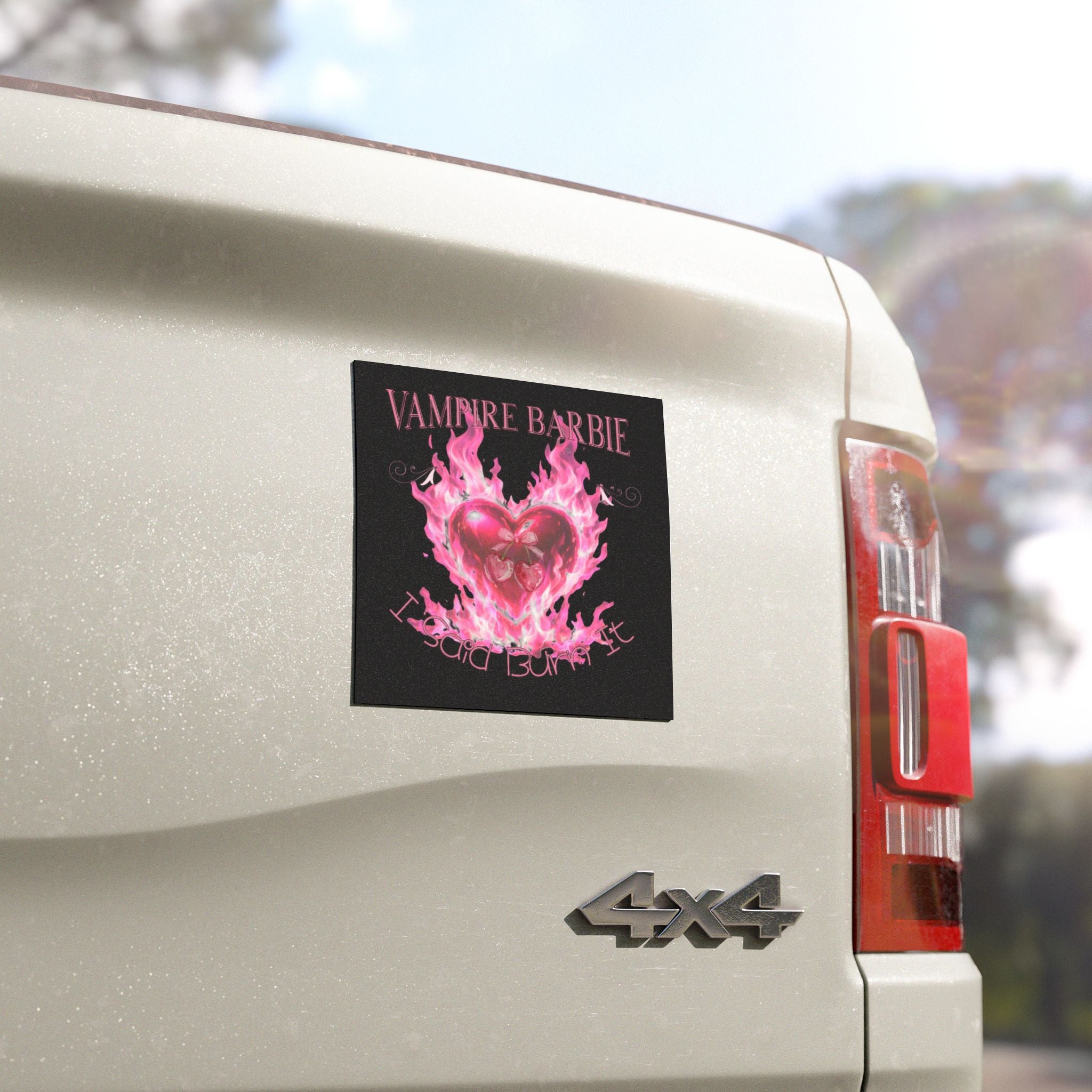 Car Magnet — Caroline Forbes- TVD- "Vampire Barbie I Said Burn It" Pink Flaming Heart Gothic Sticker