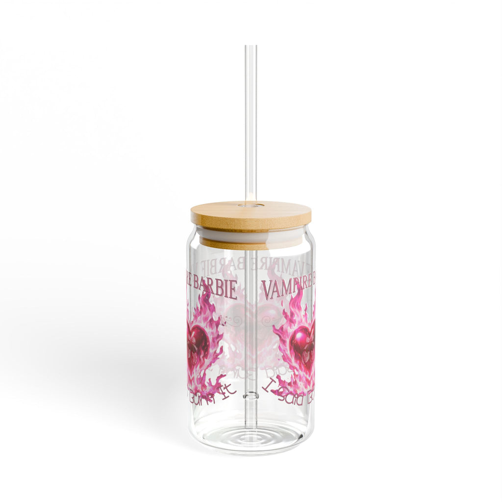 Vampire Barbie — Caroline Forbes — TVD — 16oz Glass Sipper with Pink Flaming Heart Design — Reusable Straw Tumbler for Gifts & Valentine's