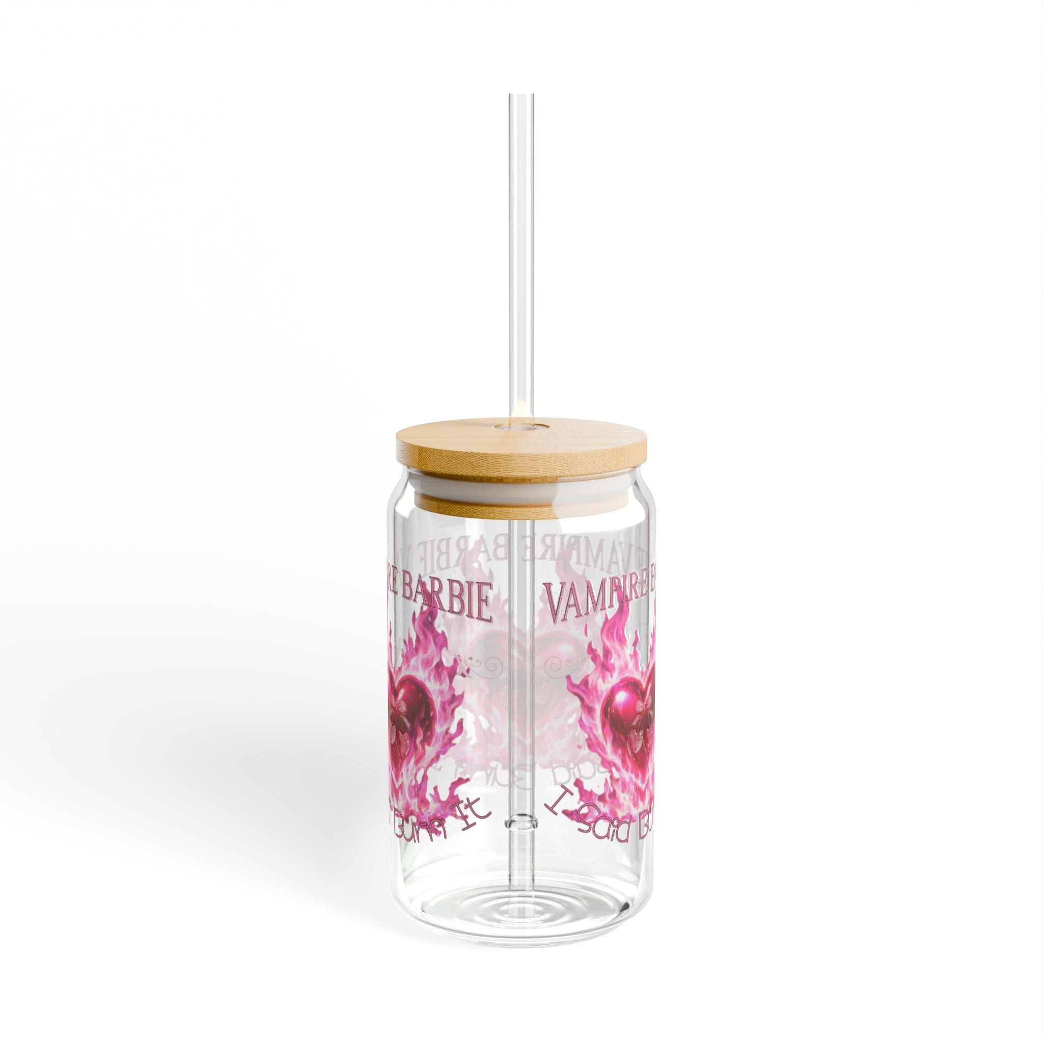 Vampire Barbie — Caroline Forbes — TVD — 16oz Glass Sipper with Pink Flaming Heart Design — Reusable Straw Tumbler for Gifts & Valentine's