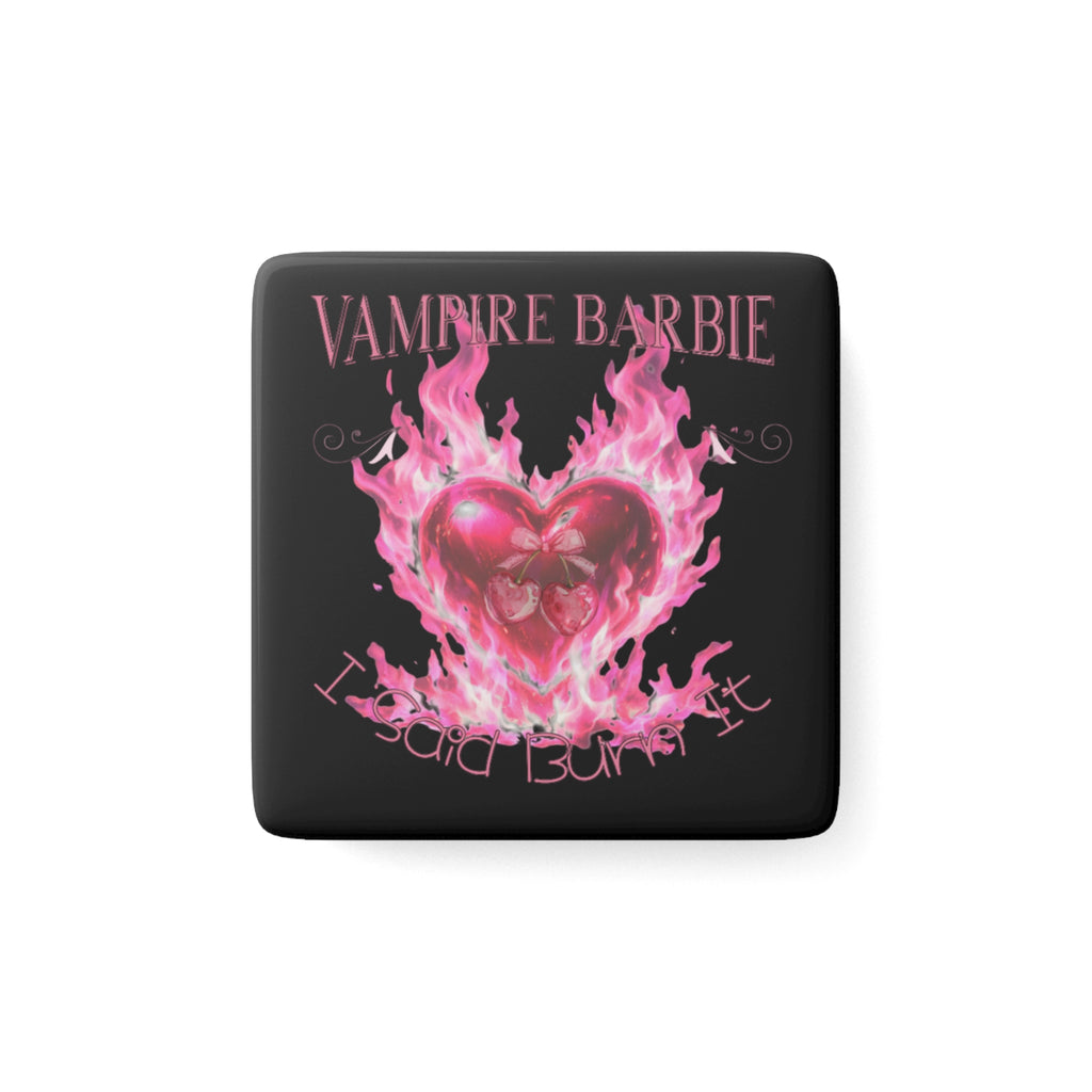 Vampire Barbie Porcelain Magnet — Pink Flaming Heart Gothic Sticker