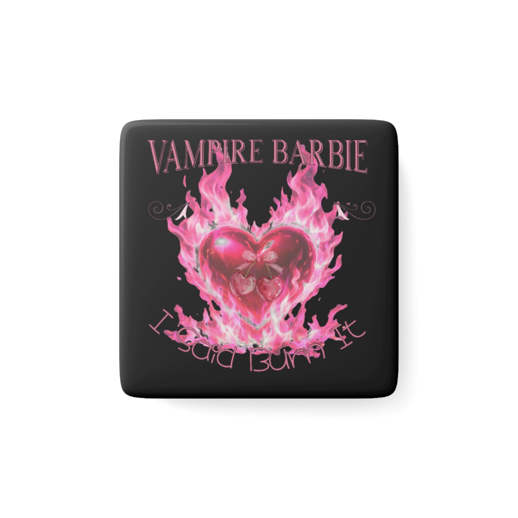 Vampire Barbie Porcelain Magnet — Pink Flaming Heart Gothic Sticker