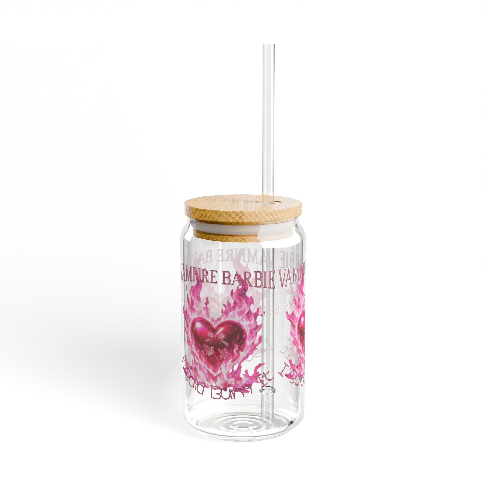 Vampire Barbie — Caroline Forbes — TVD — 16oz Glass Sipper with Pink Flaming Heart Design — Reusable Straw Tumbler for Gifts & Valentine's