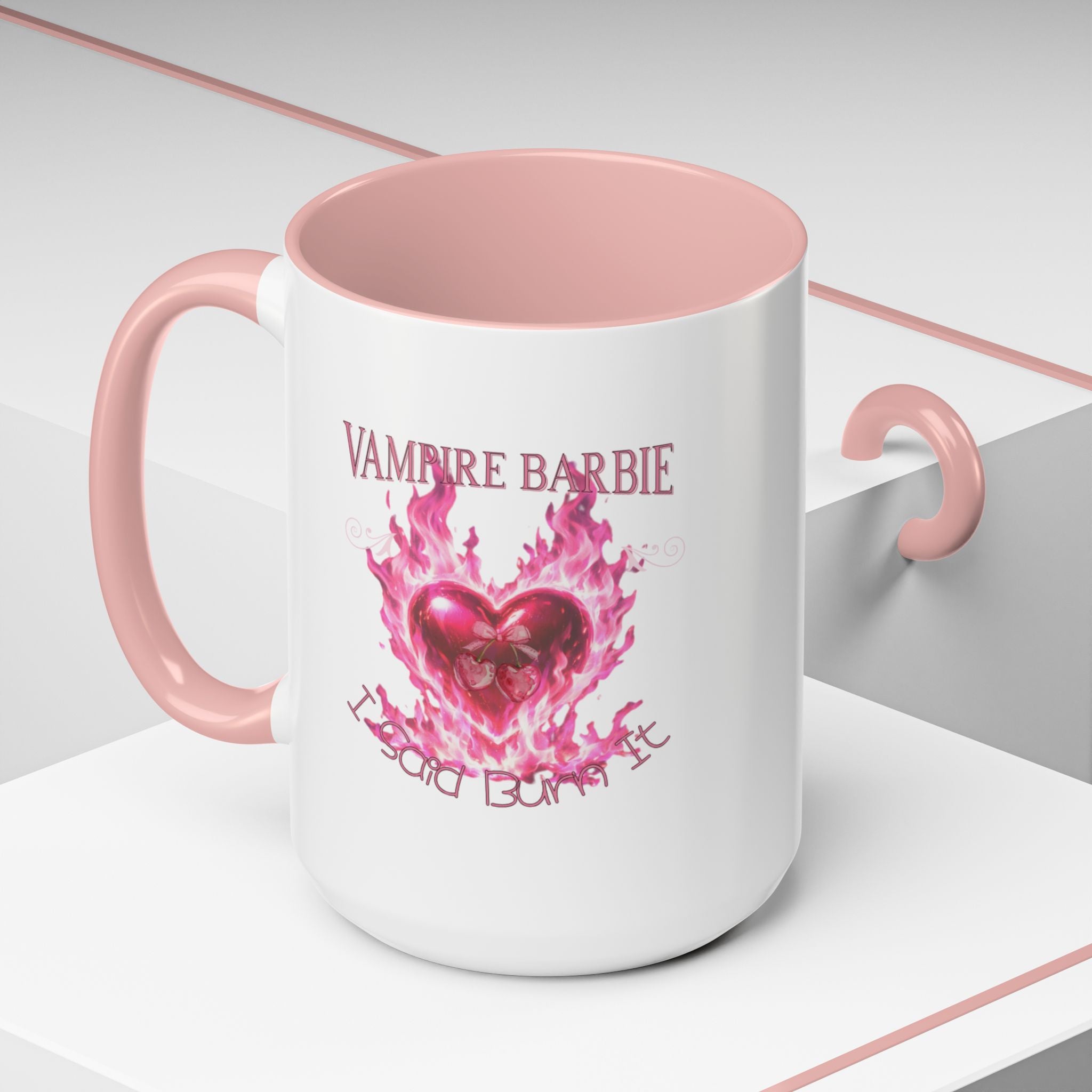 Vampire Barbie Heart Accent Coffee Mug — Pink Flaming Heart 11/15oz