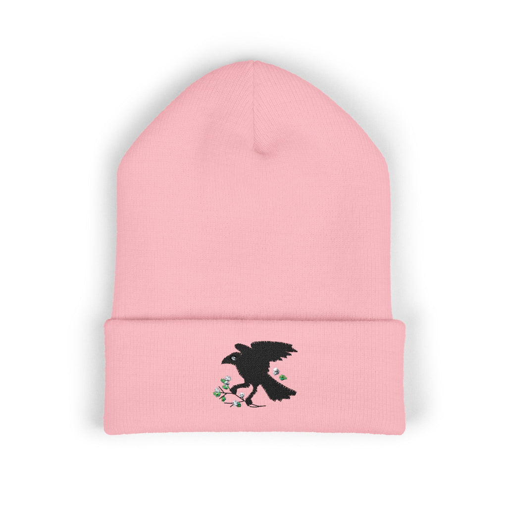 Embroidered Crow & Wildflower Beanie — Classic Cuffed Knit Hat