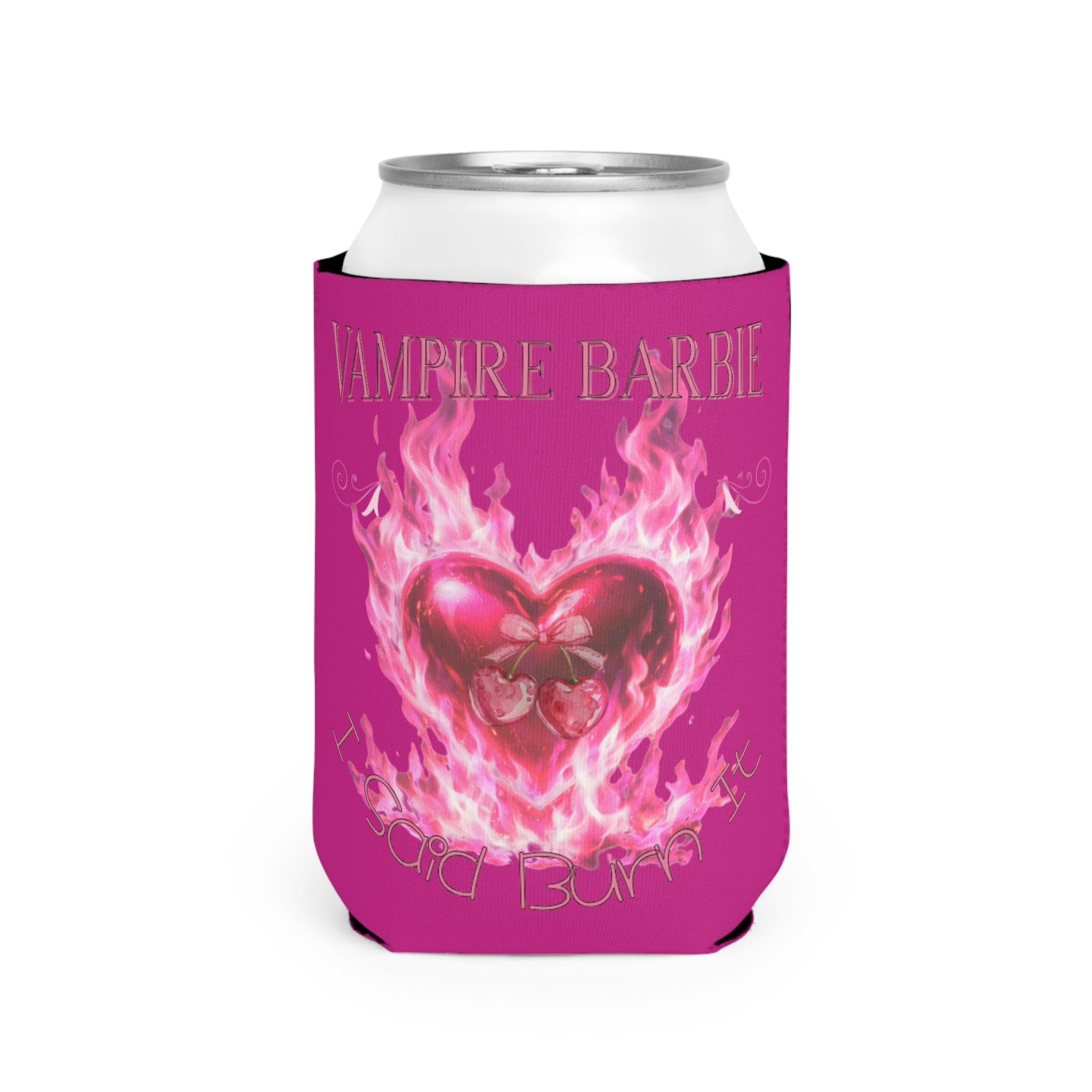 Caroline Forbes — Vampire Barbie Can Cooler Sleeve – Pink Flaming Heart Beverage Insulator