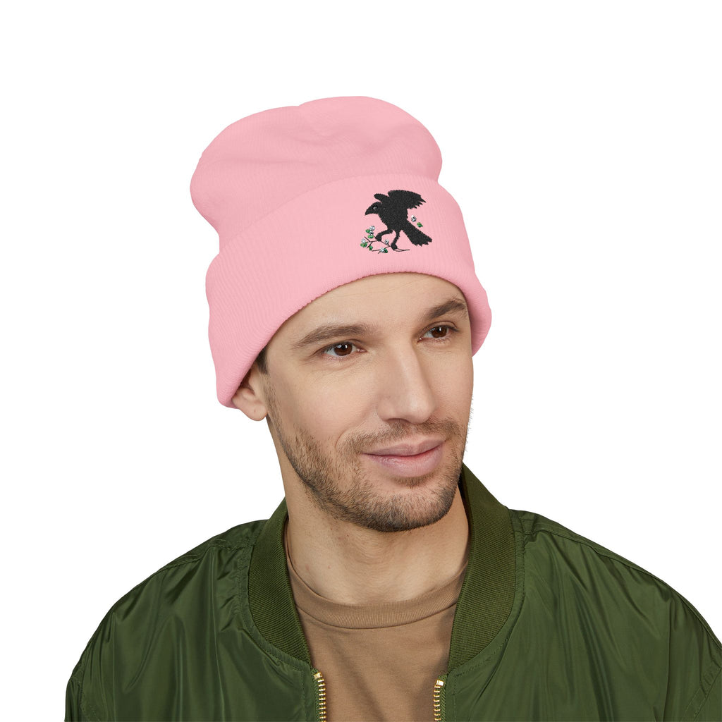Embroidered Crow & Wildflower Beanie — Classic Cuffed Knit Hat
