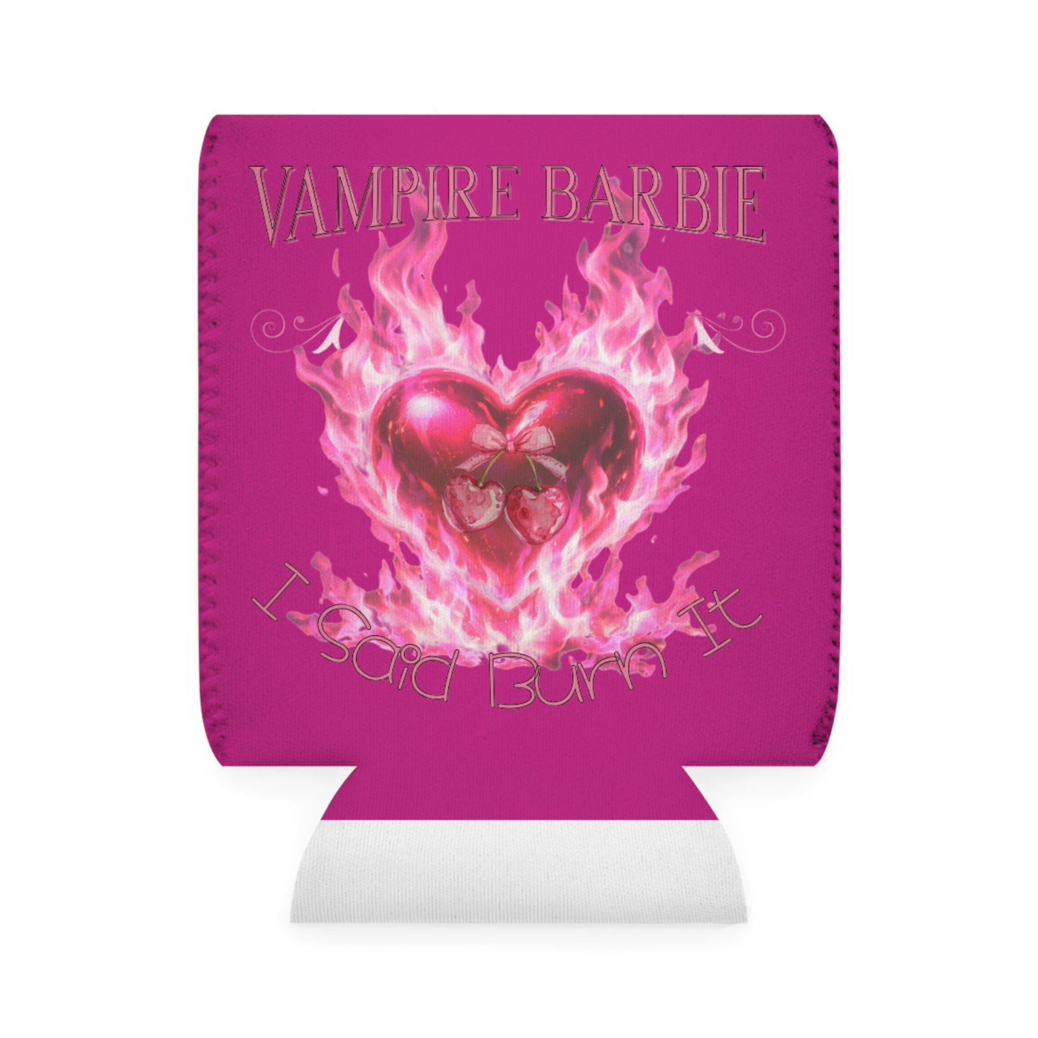 Caroline Forbes — Vampire Barbie Can Cooler Sleeve – Pink Flaming Heart Beverage Insulator