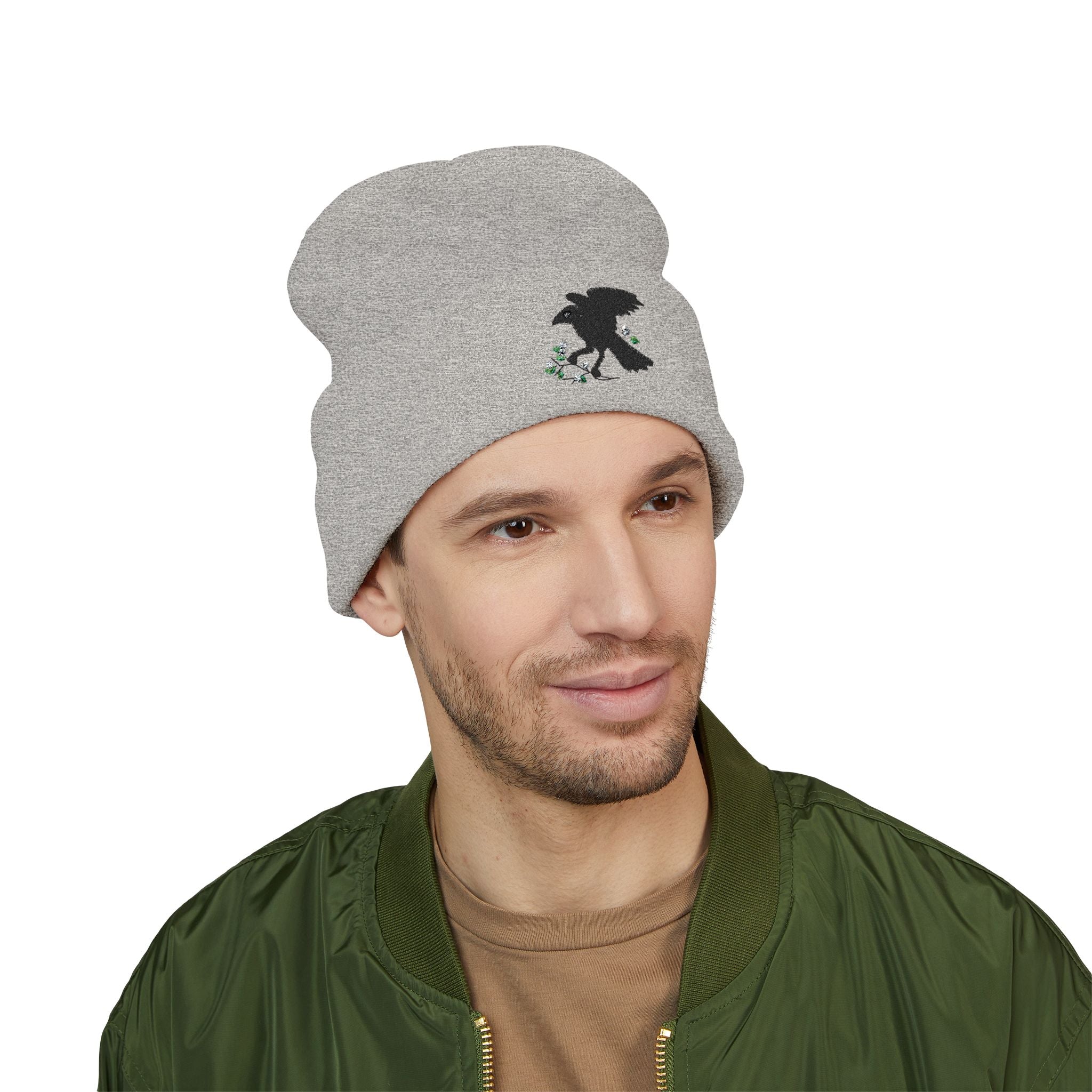 Embroidered Crow & Wildflower Beanie — Classic Cuffed Knit Hat