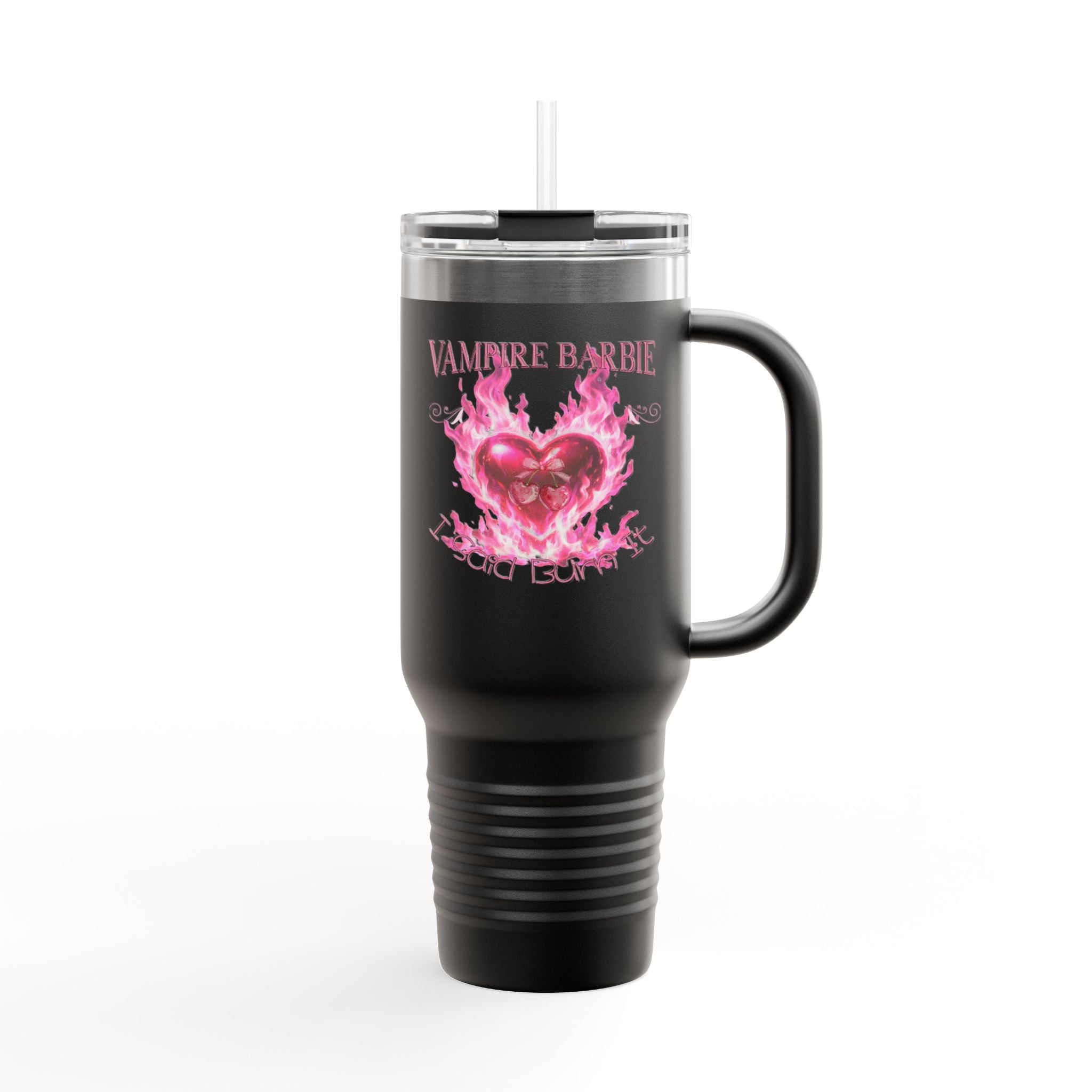 Vampire Barbie 40oz Insulated Travel Mug - Pink Flaming Heart Thermal Tumbler