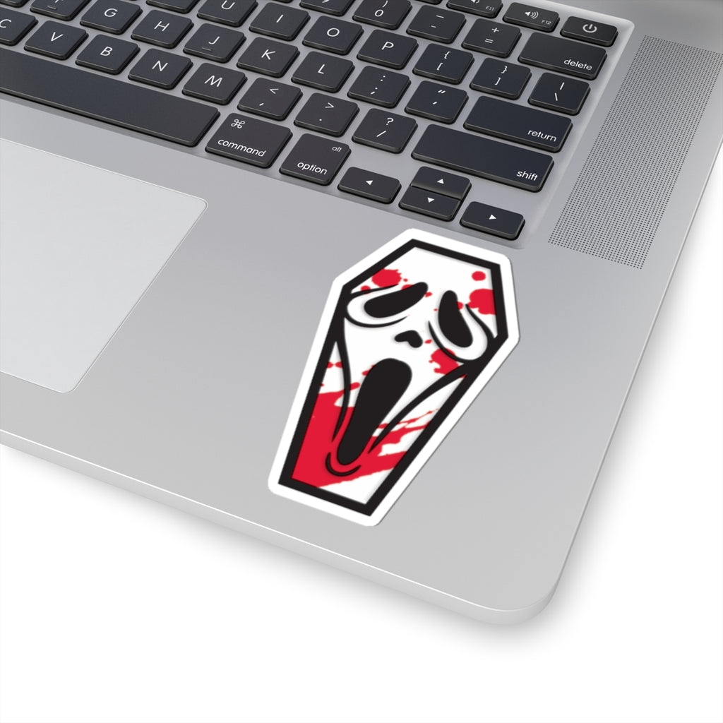 Scream Coffin Sticker — Bloody Ghost Face Kiss-Cut Horror Decal