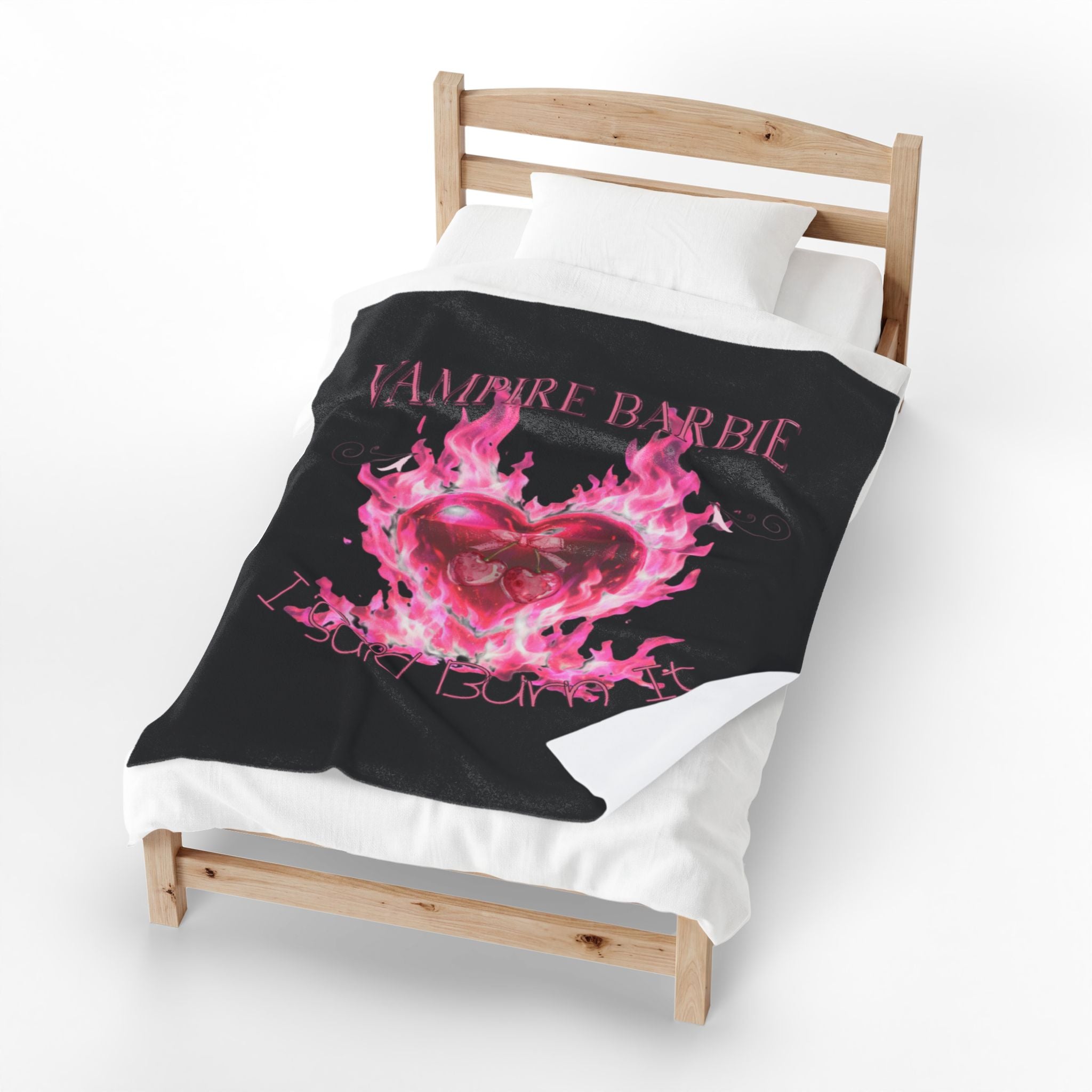 Vampire Barbie Velveteen Plush Blanket — Pink Flaming Heart Gothic Throw