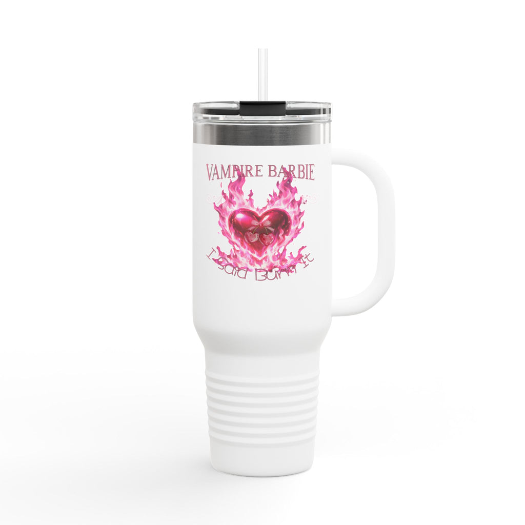 Vampire Barbie 40oz Insulated Travel Mug - Pink Flaming Heart Thermal Tumbler