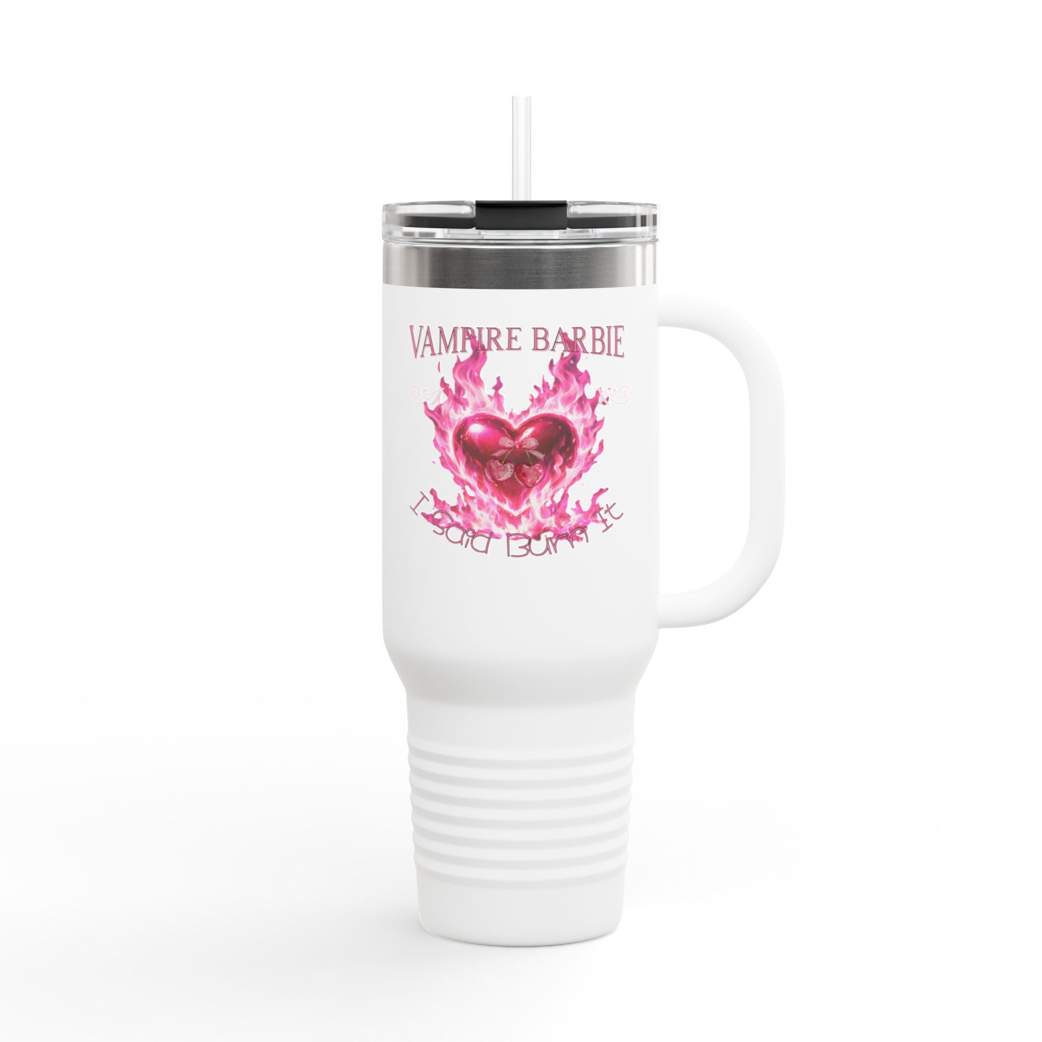 Vampire Barbie 40oz Insulated Travel Mug - Pink Flaming Heart Thermal Tumbler