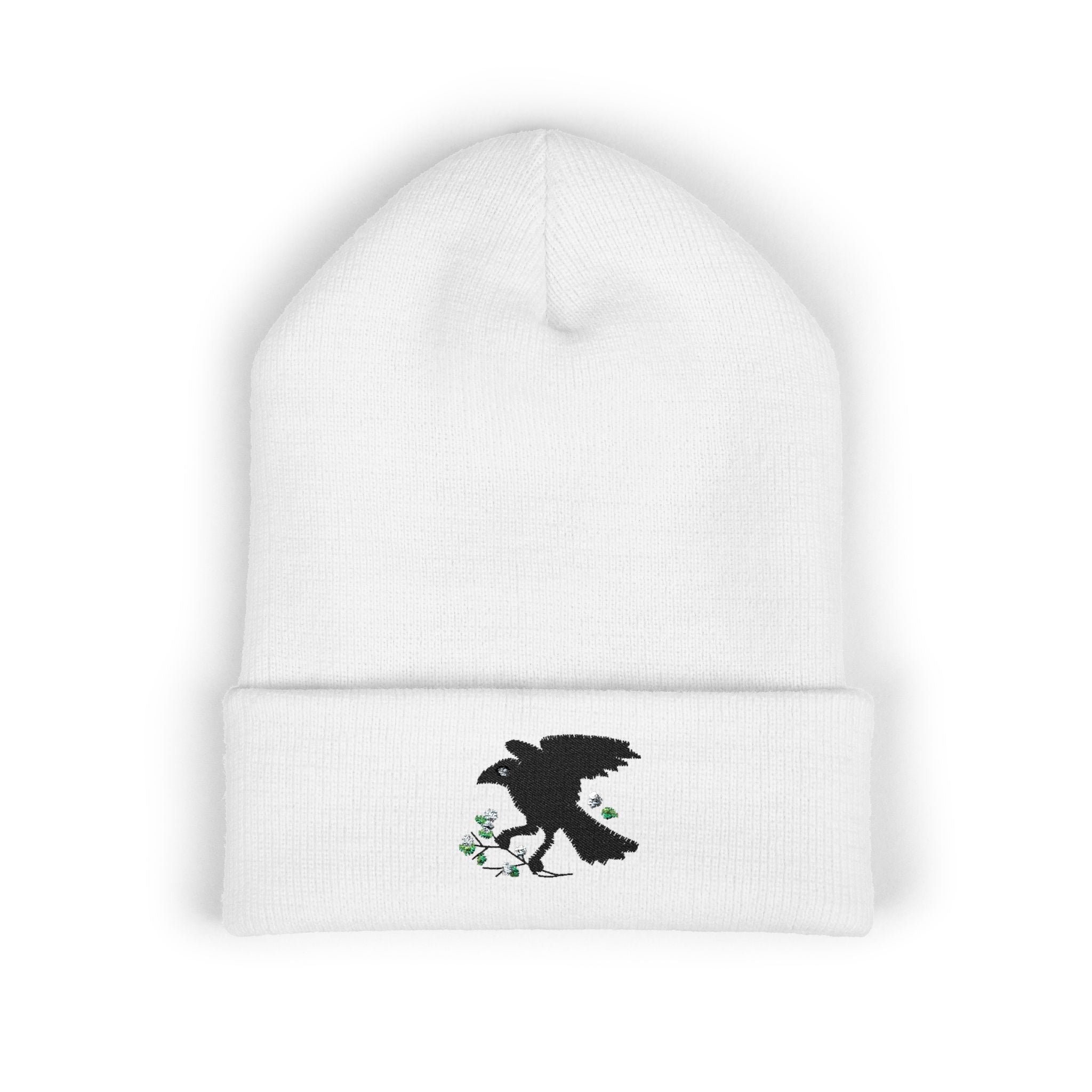 Embroidered Crow & Wildflower Beanie — Classic Cuffed Knit Hat