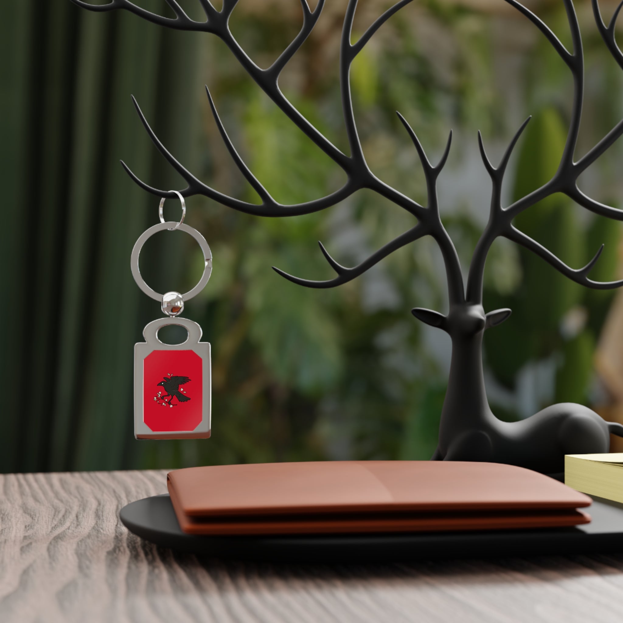 Rectangle Photo Keyring — Red Raven Crest Metal Keychain