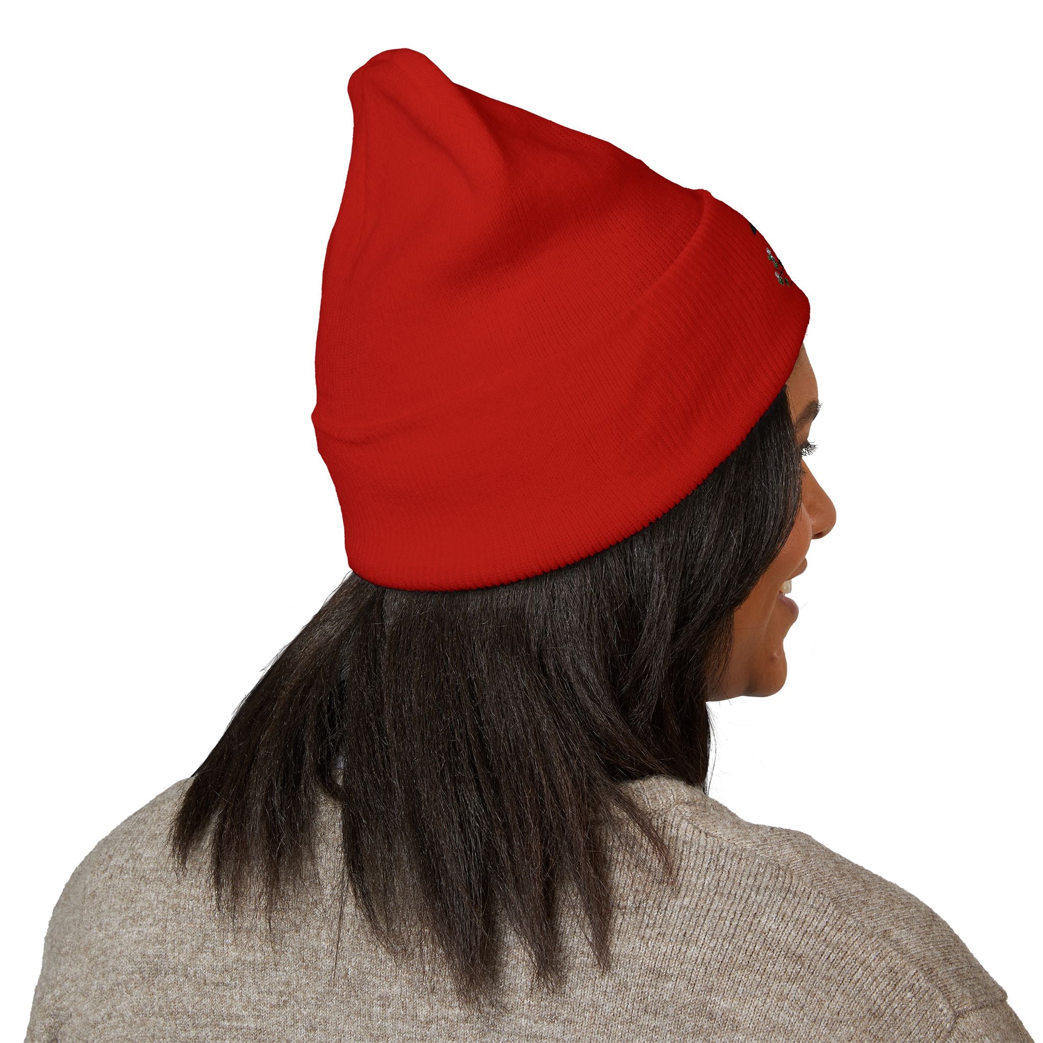 Embroidered Crow & Wildflower Beanie — Classic Cuffed Knit Hat