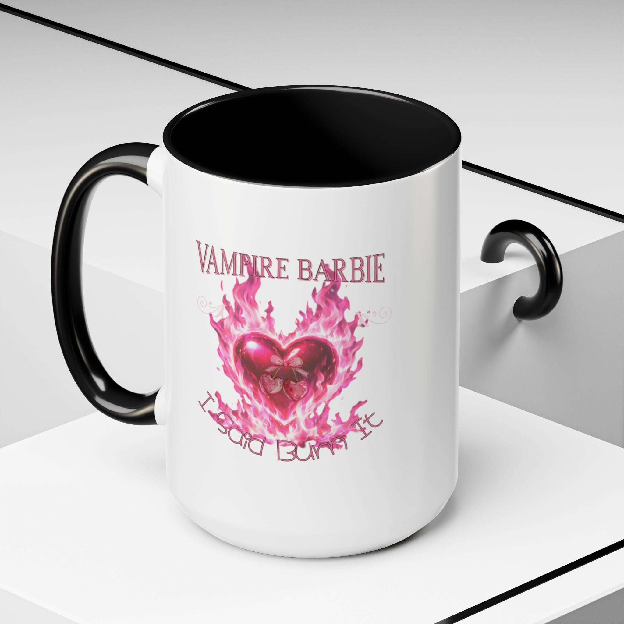 Vampire Barbie Heart Accent Coffee Mug — Pink Flaming Heart 11/15oz