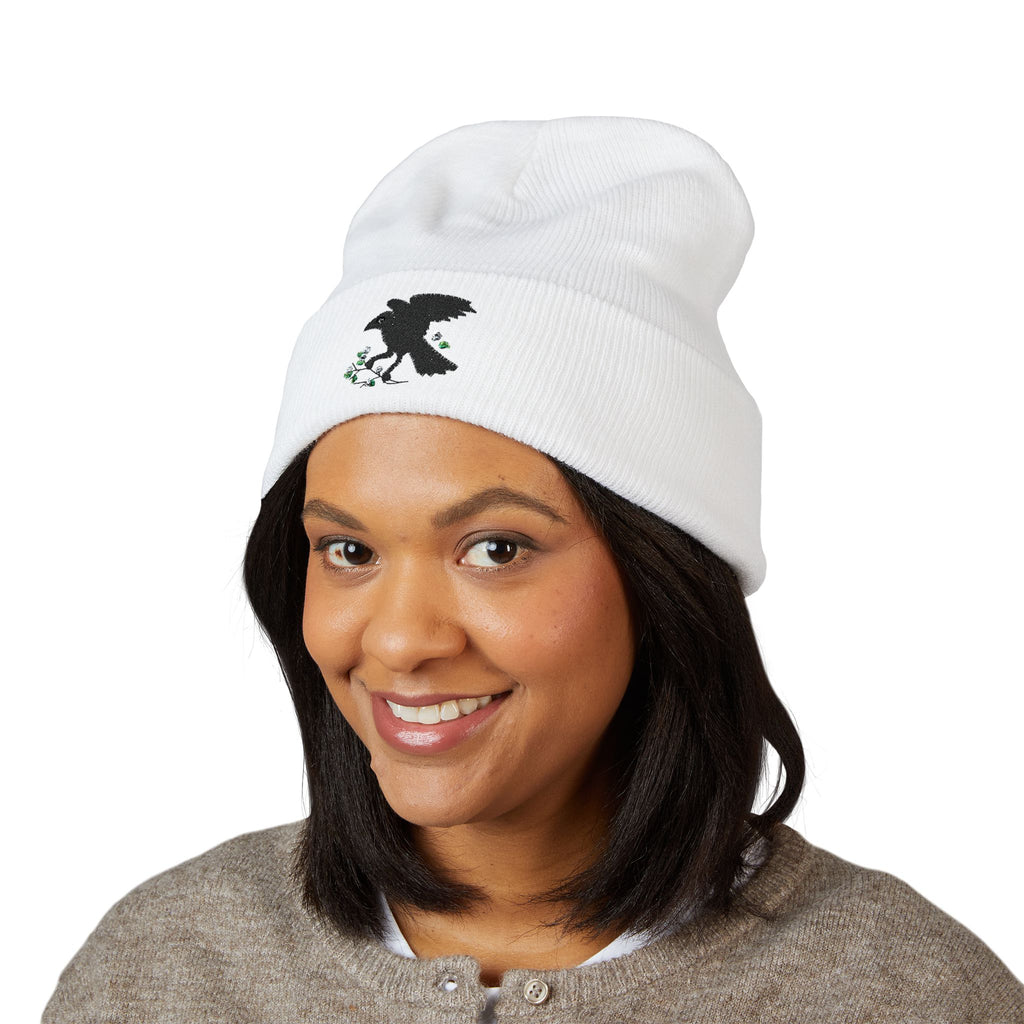 Embroidered Crow & Wildflower Beanie — Classic Cuffed Knit Hat