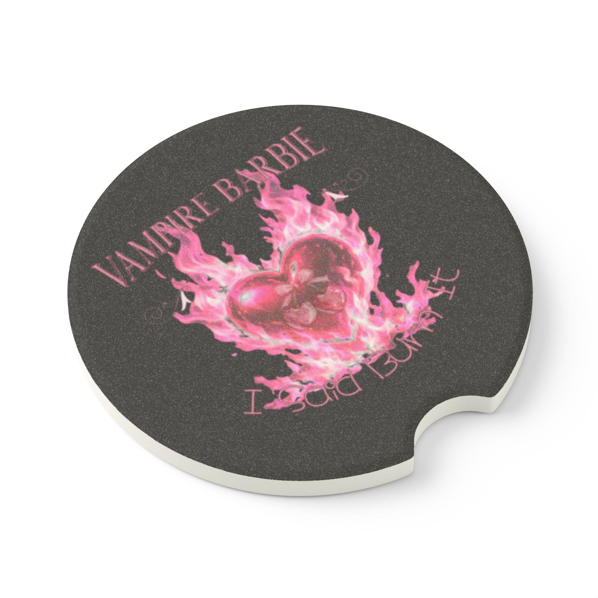 Soapstone Car Coaster - 'Vampire Barbie' Pink Flaming Heart Design