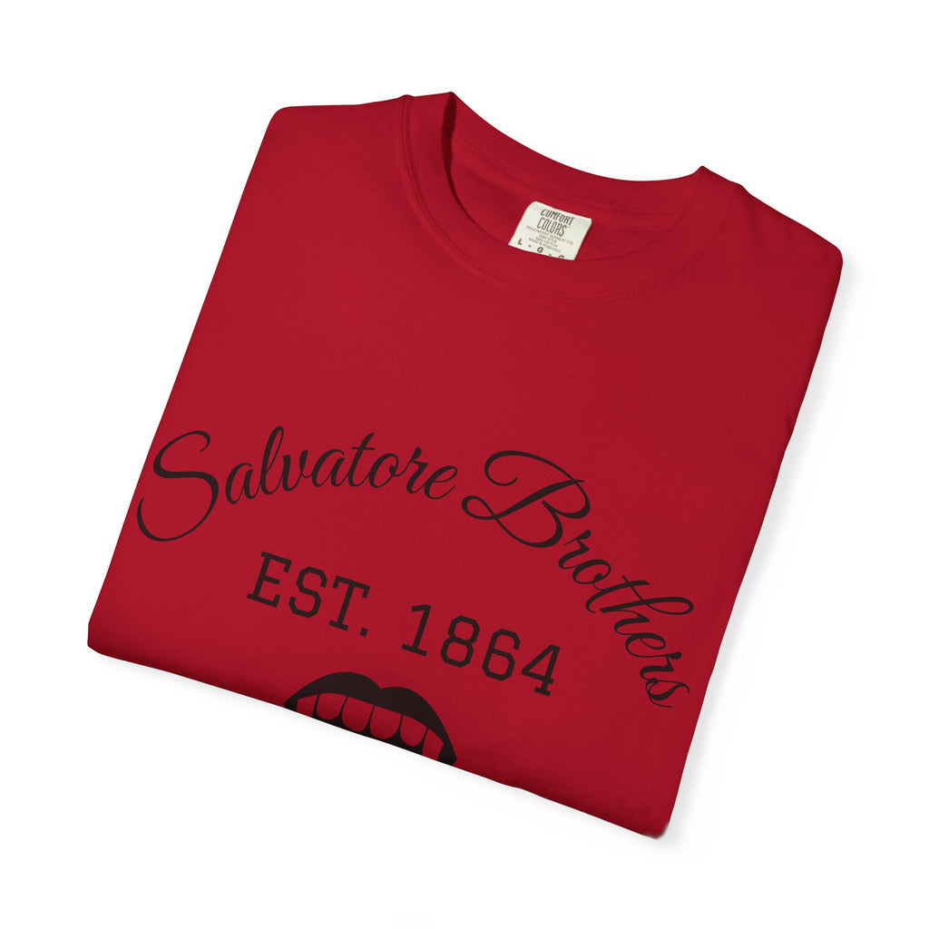 T-Shirt — "Salvatore Brothers EST. 1864" Vampire Fangs & Whiskey Graphic