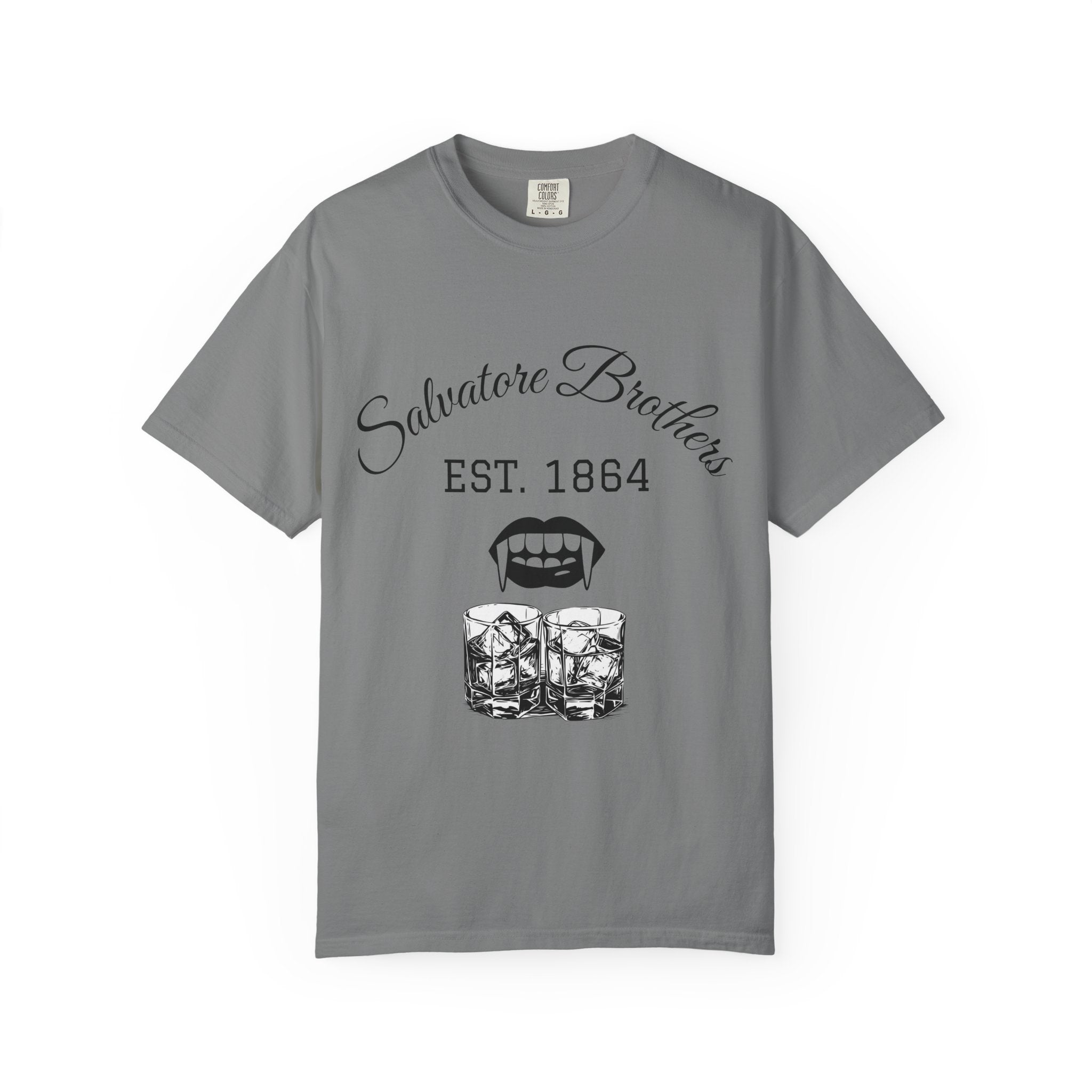 T-Shirt — "Salvatore Brothers EST. 1864" Vampire Fangs & Whiskey Graphic