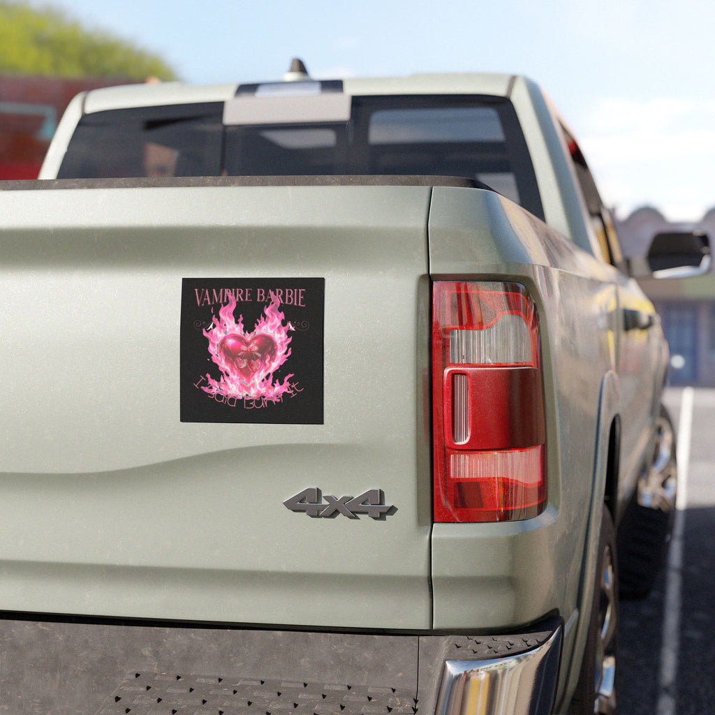 Car Magnet — Caroline Forbes- TVD- "Vampire Barbie I Said Burn It" Pink Flaming Heart Gothic Sticker