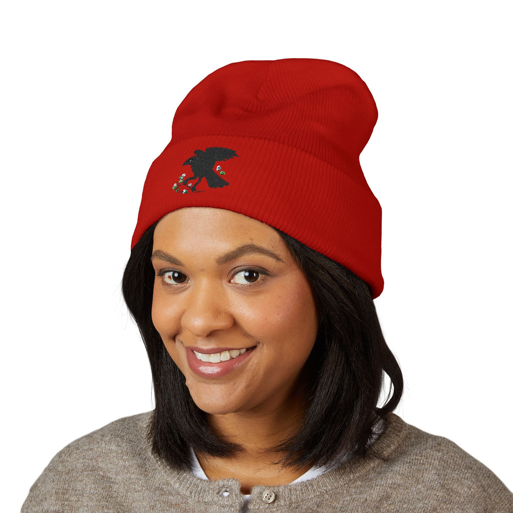 Embroidered Crow & Wildflower Beanie — Classic Cuffed Knit Hat