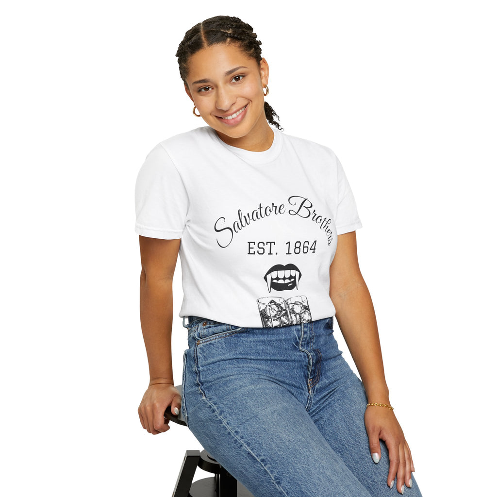 T-Shirt — "Salvatore Brothers EST. 1864" Vampire Fangs & Whiskey Graphic