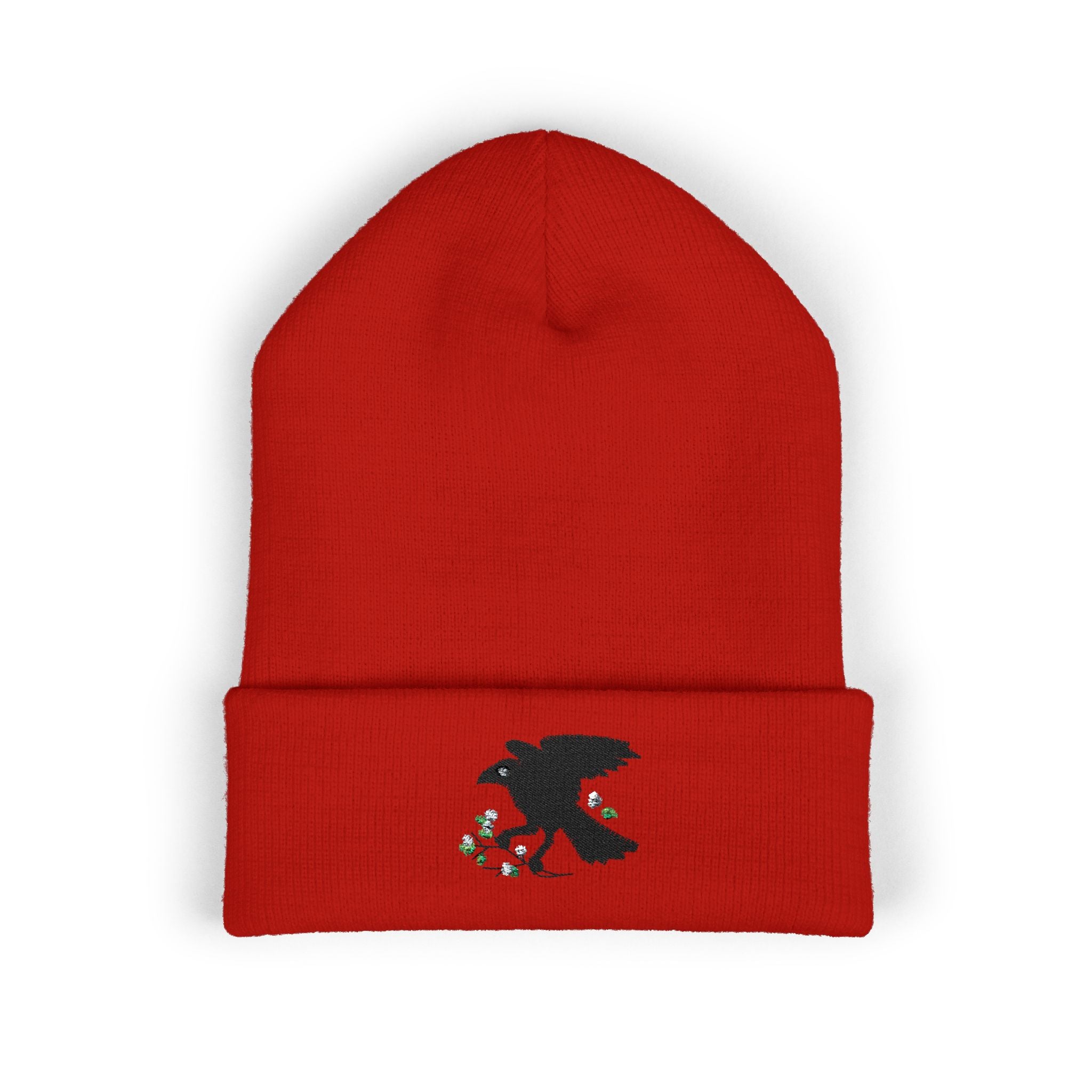 Embroidered Crow & Wildflower Beanie — Classic Cuffed Knit Hat