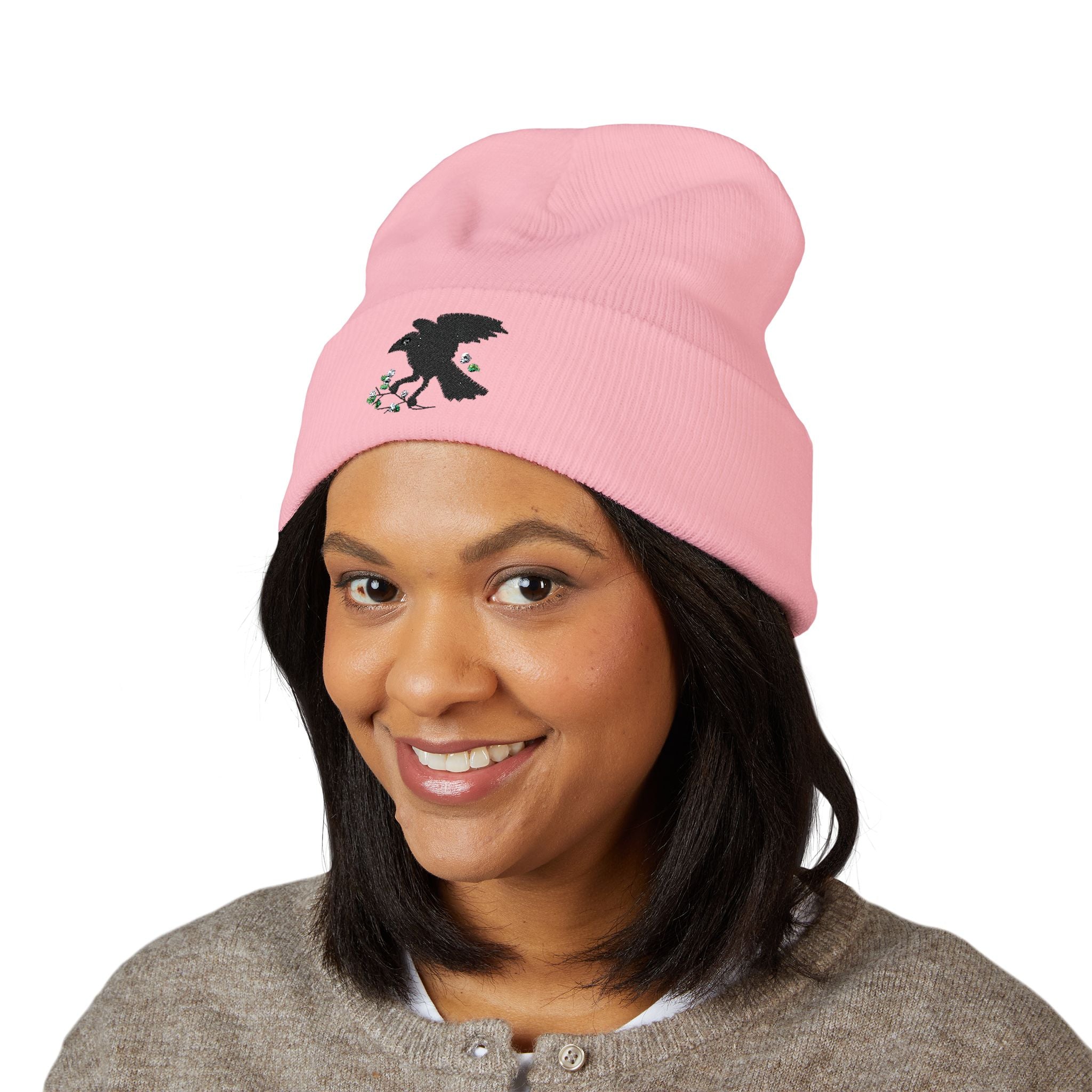 Embroidered Crow & Wildflower Beanie — Classic Cuffed Knit Hat