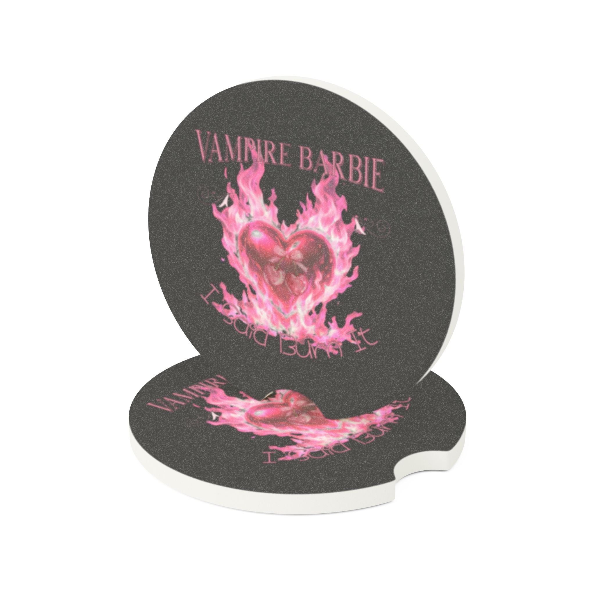 Soapstone Car Coaster - 'Vampire Barbie' Pink Flaming Heart Design
