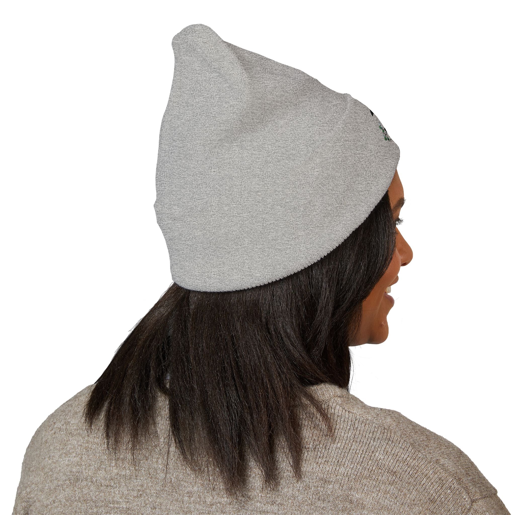 Embroidered Crow & Wildflower Beanie — Classic Cuffed Knit Hat