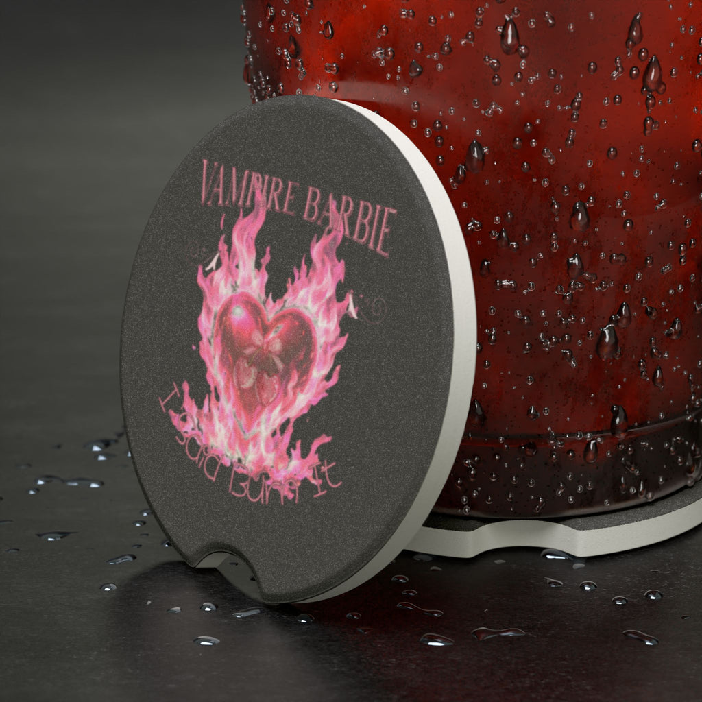 Soapstone Car Coaster - 'Vampire Barbie' Pink Flaming Heart Design