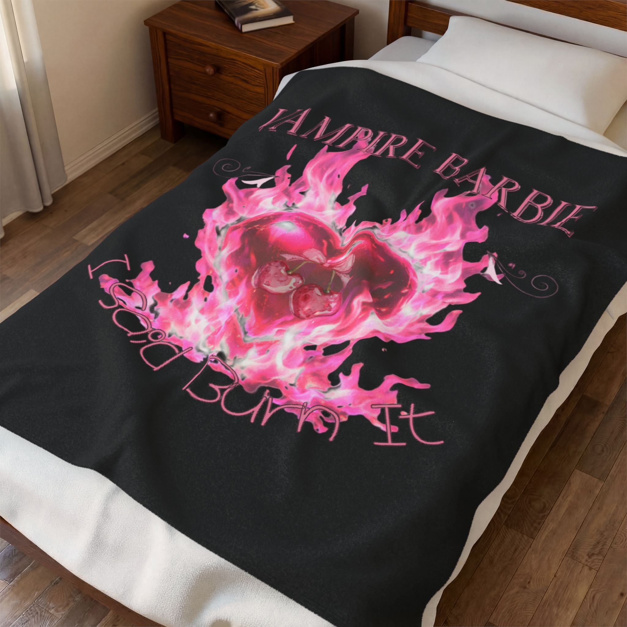 Vampire Barbie Velveteen Plush Blanket — Pink Flaming Heart Gothic Throw